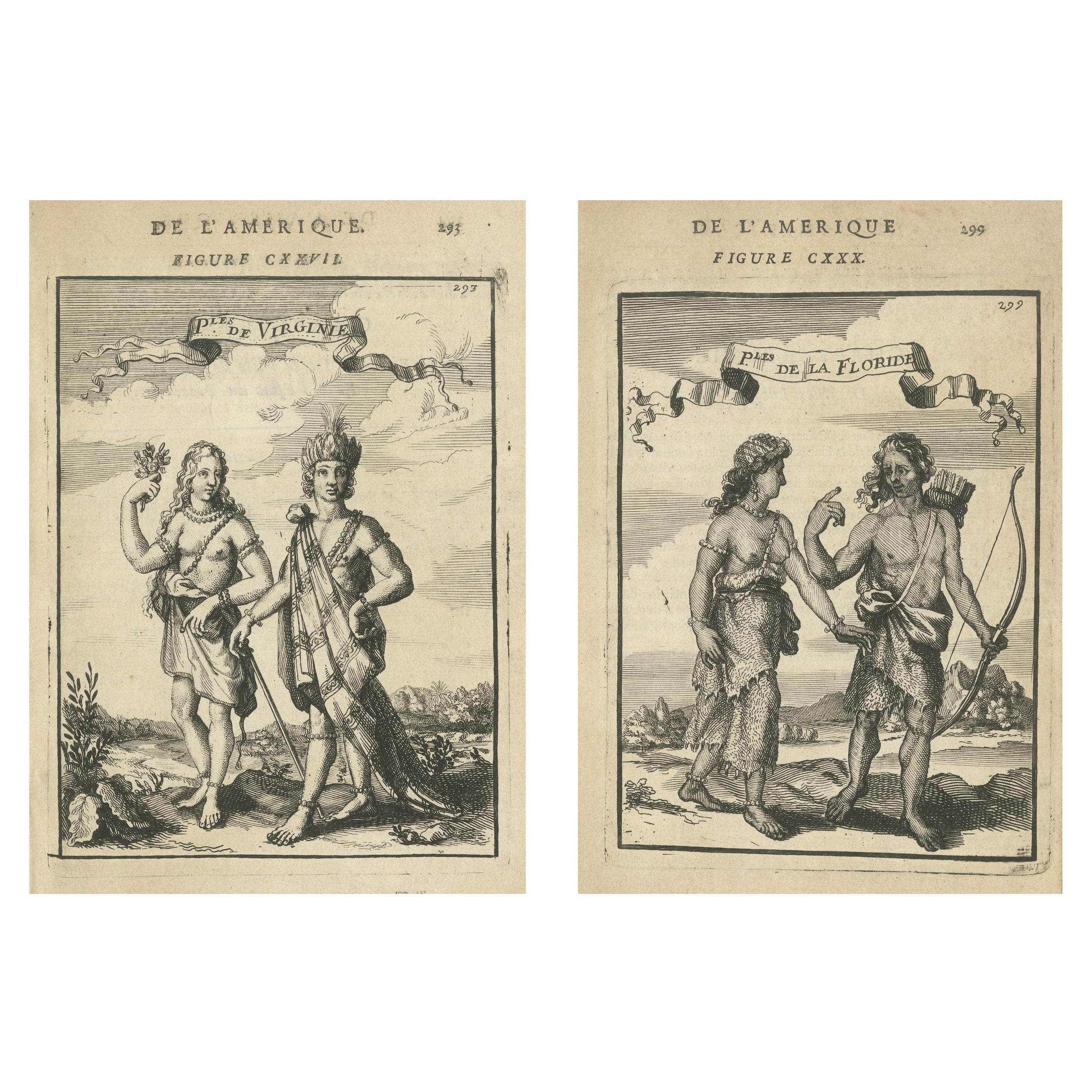Paar Eingeborene von Virginia und Florida, Amerika - Ethnografische Stiche, 1683 im Angebot