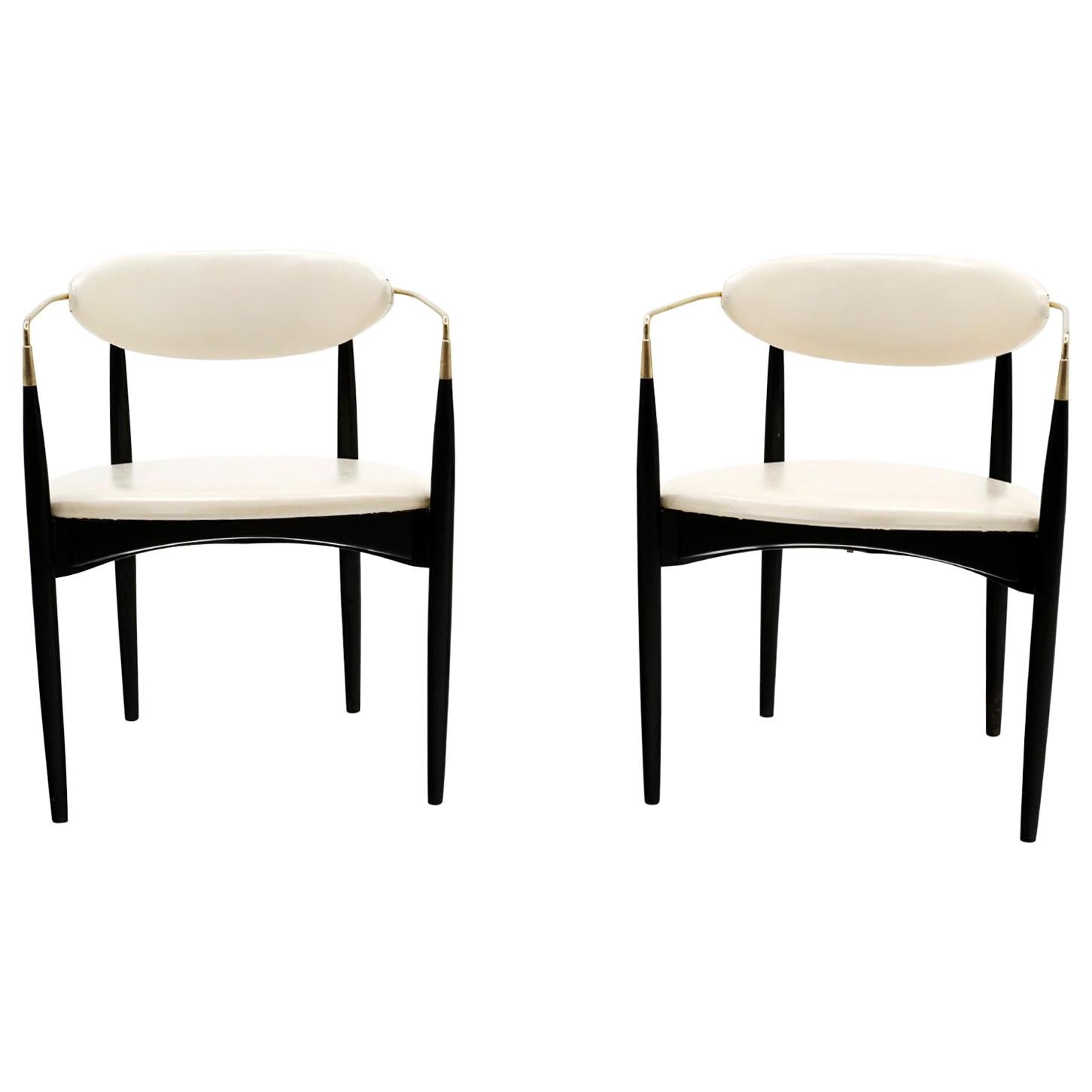 Pair of Viscount Chairs by Dan Johnson, White / Ivory with Brass Arms, Original