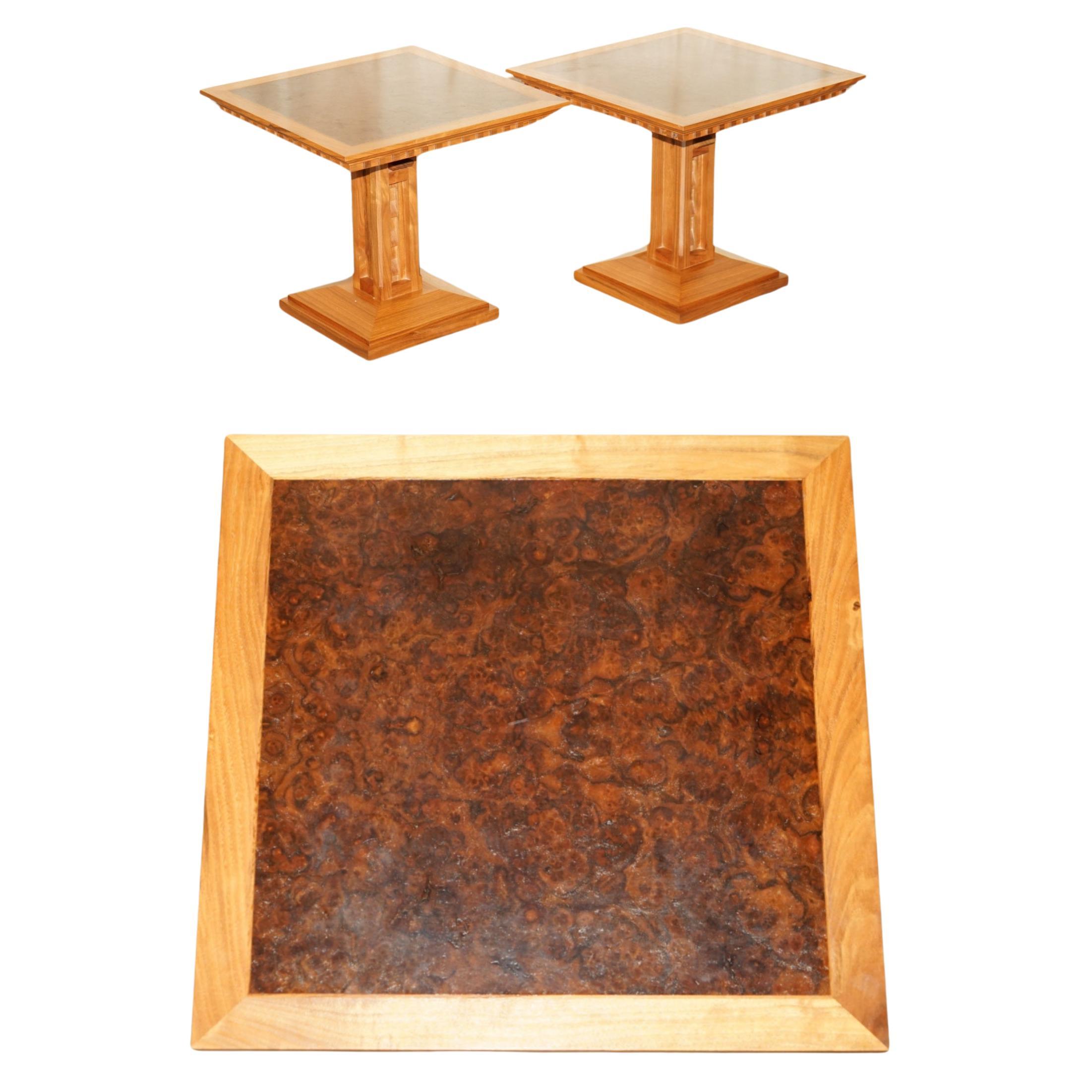 PAIR OF VISCOUNT DAVID LINLEY BURR WALNUT HEIGHT ADJUSTABLE TABLEs For Sale