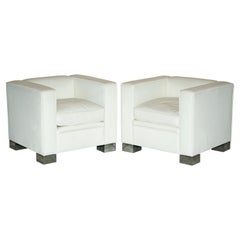 Pair of Viscount David Linley Ivory White Leather Max Club Armchairs