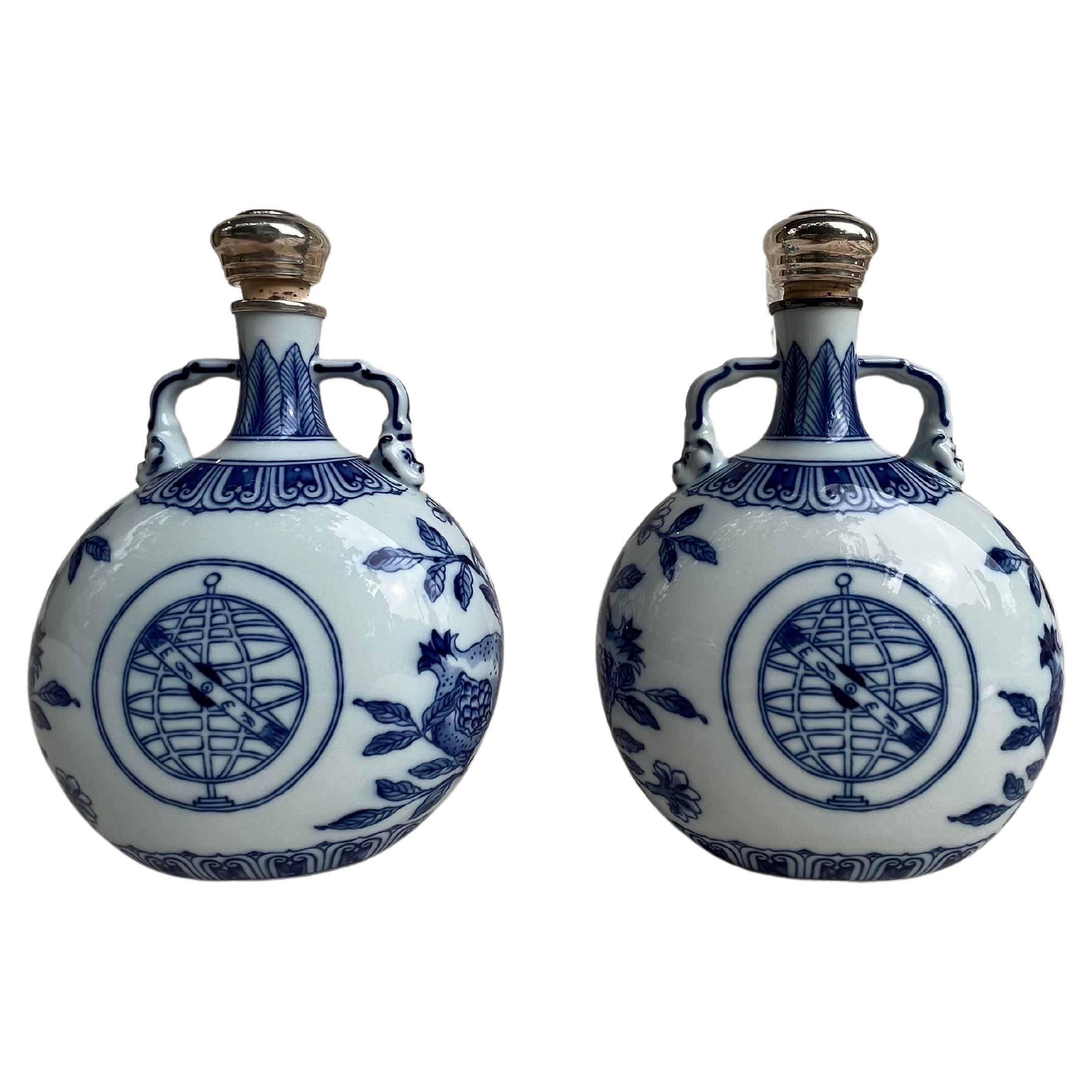 Pair of Vista Alegre Bottles, with Silver Lid, Portugal 20th Century For Sale