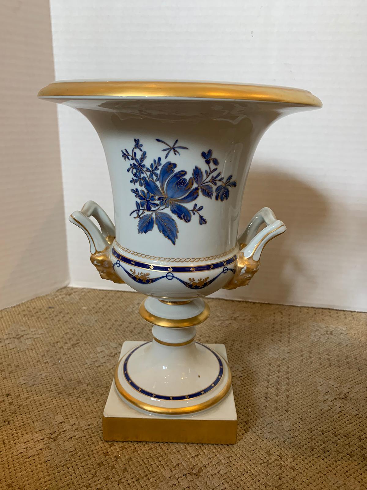 Pair of Vista Alegre Portuguese Blue & White Porcelain Urns, Gilt Details Marked 3