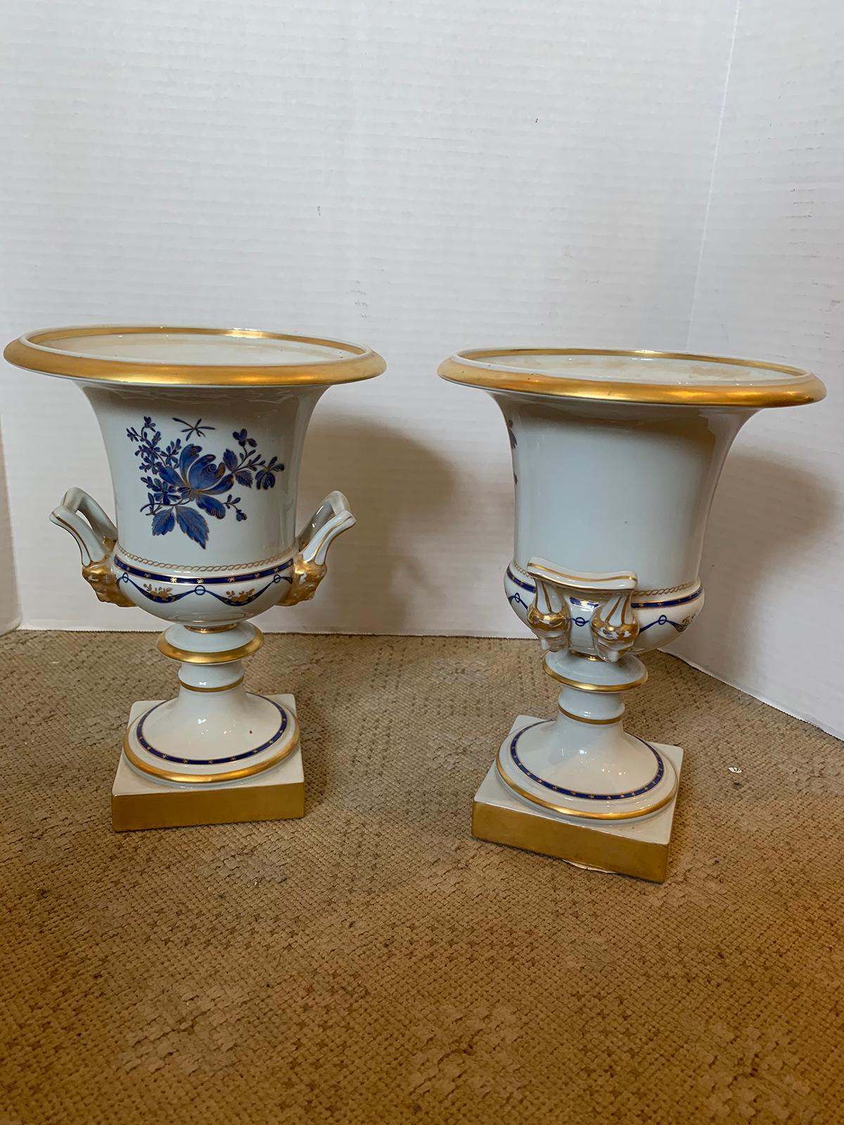 Pair of Vista Alegre Portuguese Blue & White Porcelain Urns, Gilt Details Marked 4