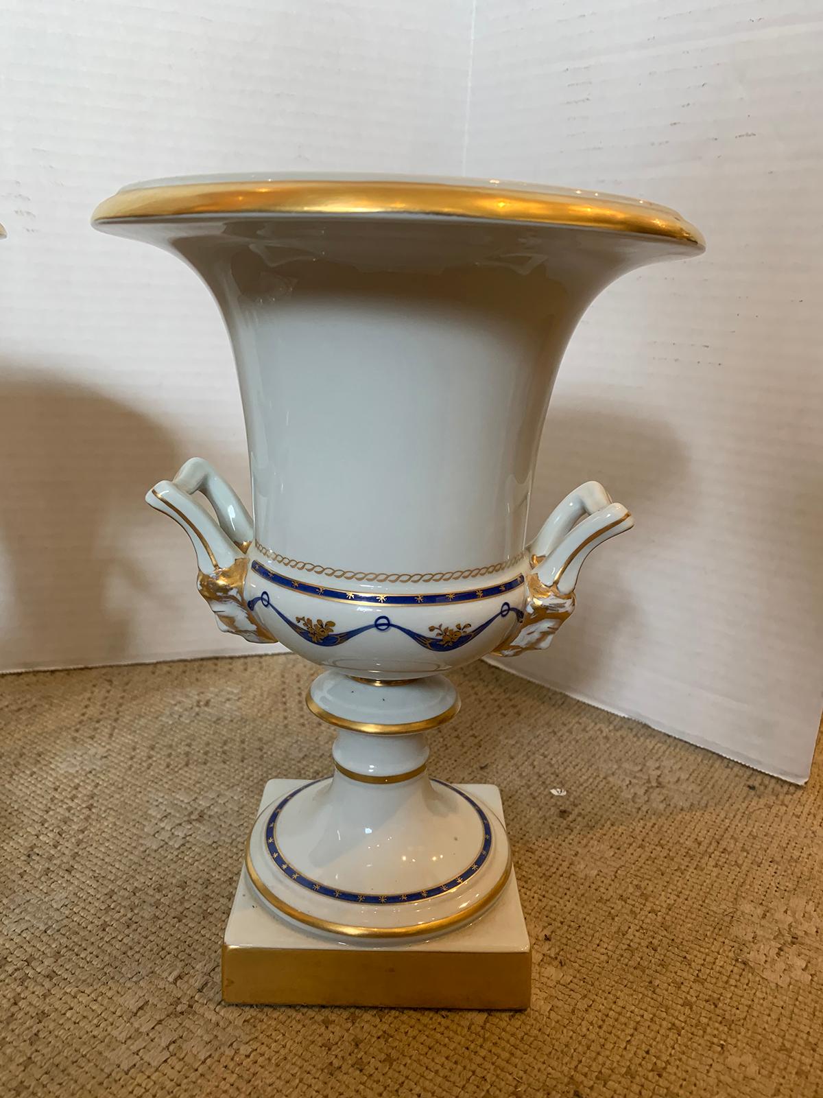 Pair of Vista Alegre Portuguese Blue & White Porcelain Urns, Gilt Details Marked 5