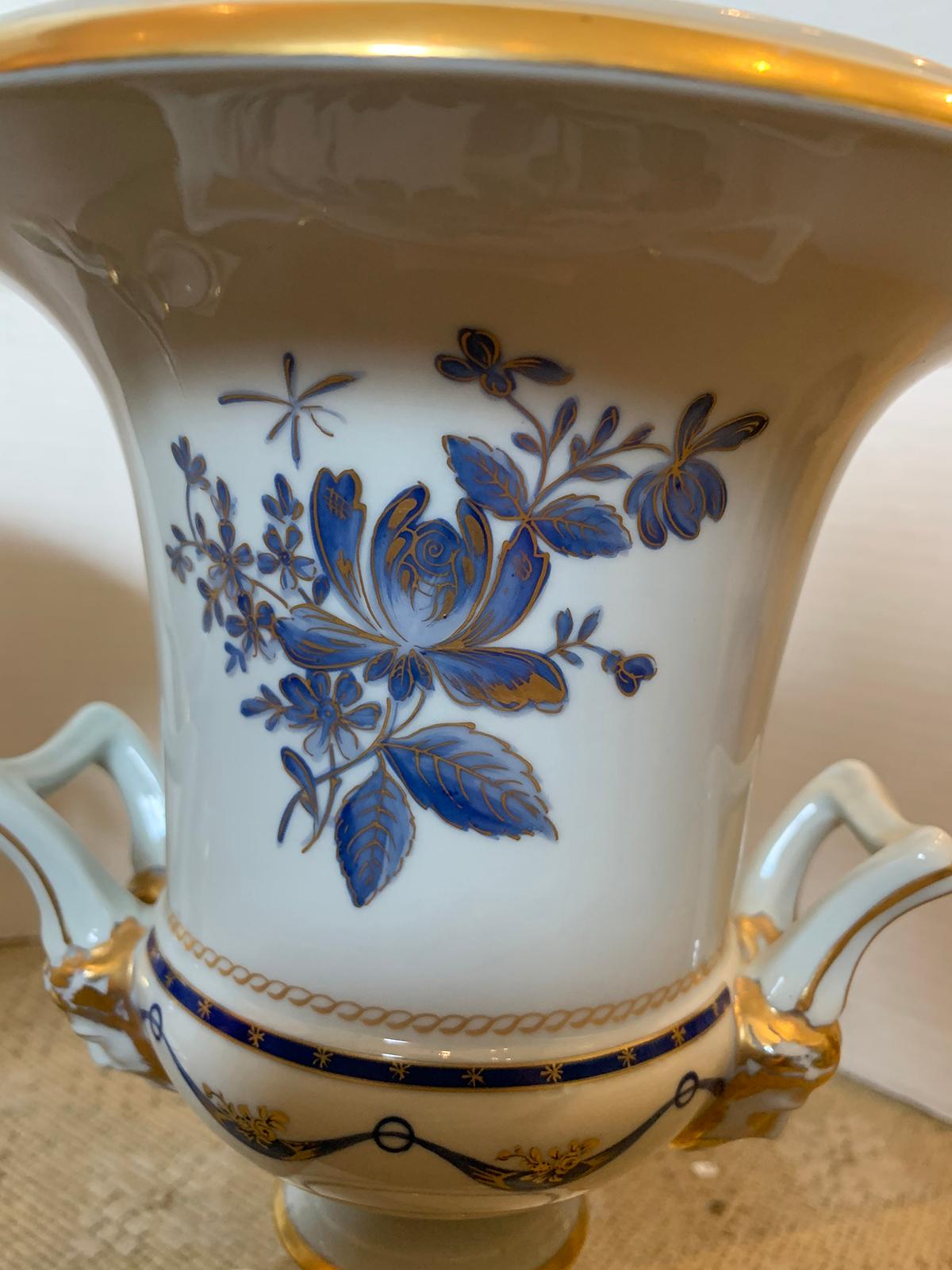 Pair of Vista Alegre Portuguese Blue & White Porcelain Urns, Gilt Details Marked 6