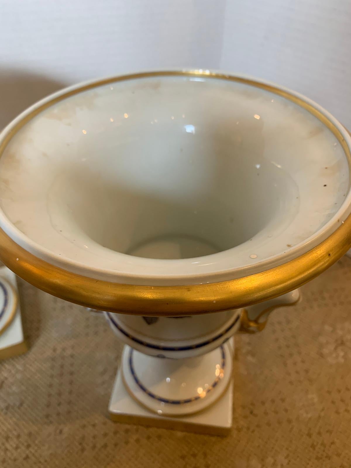 Pair of Vista Alegre Portuguese Blue & White Porcelain Urns, Gilt Details Marked 7