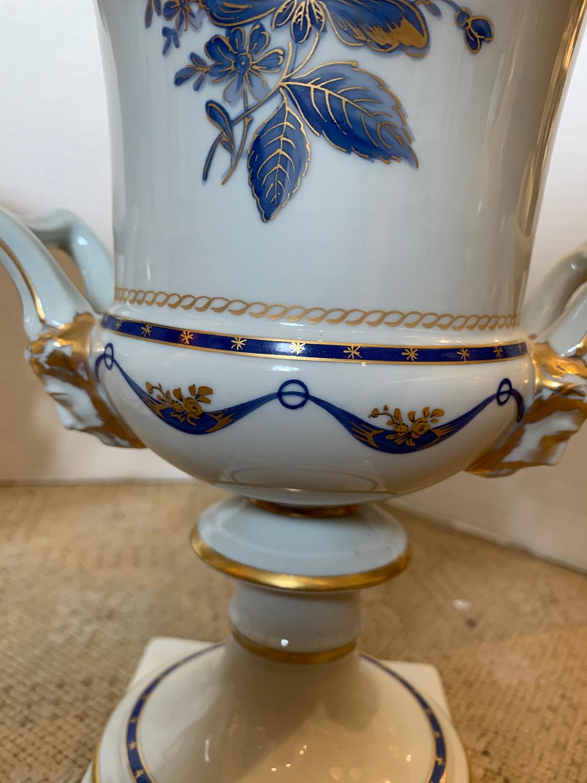 Pair of Vista Alegre Portuguese Blue & White Porcelain Urns, Gilt Details Marked 9