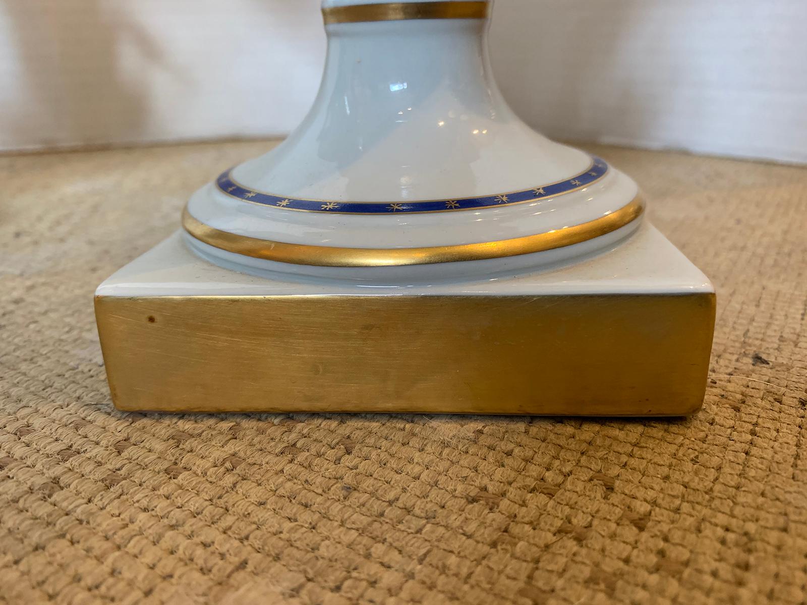 Pair of Vista Alegre Portuguese Blue & White Porcelain Urns, Gilt Details Marked 11