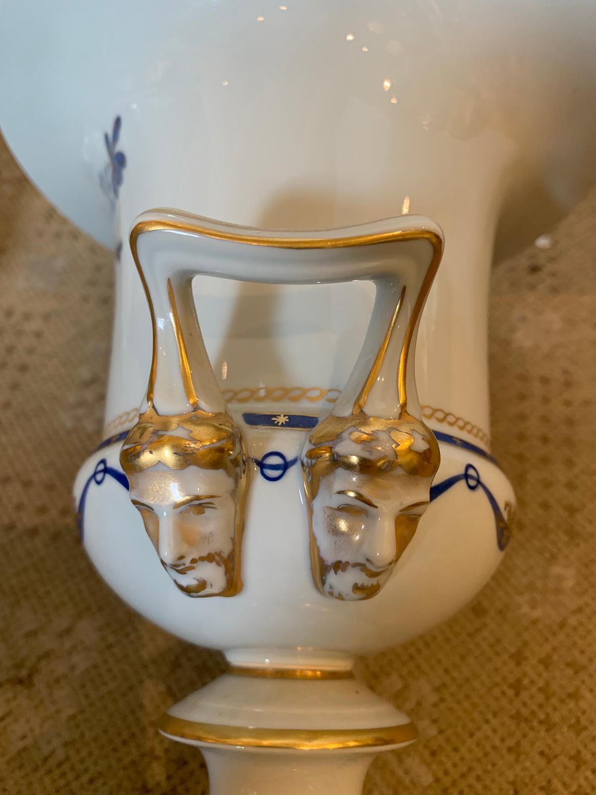 Pair of Vista Alegre Portuguese Blue & White Porcelain Urns, Gilt Details Marked 12