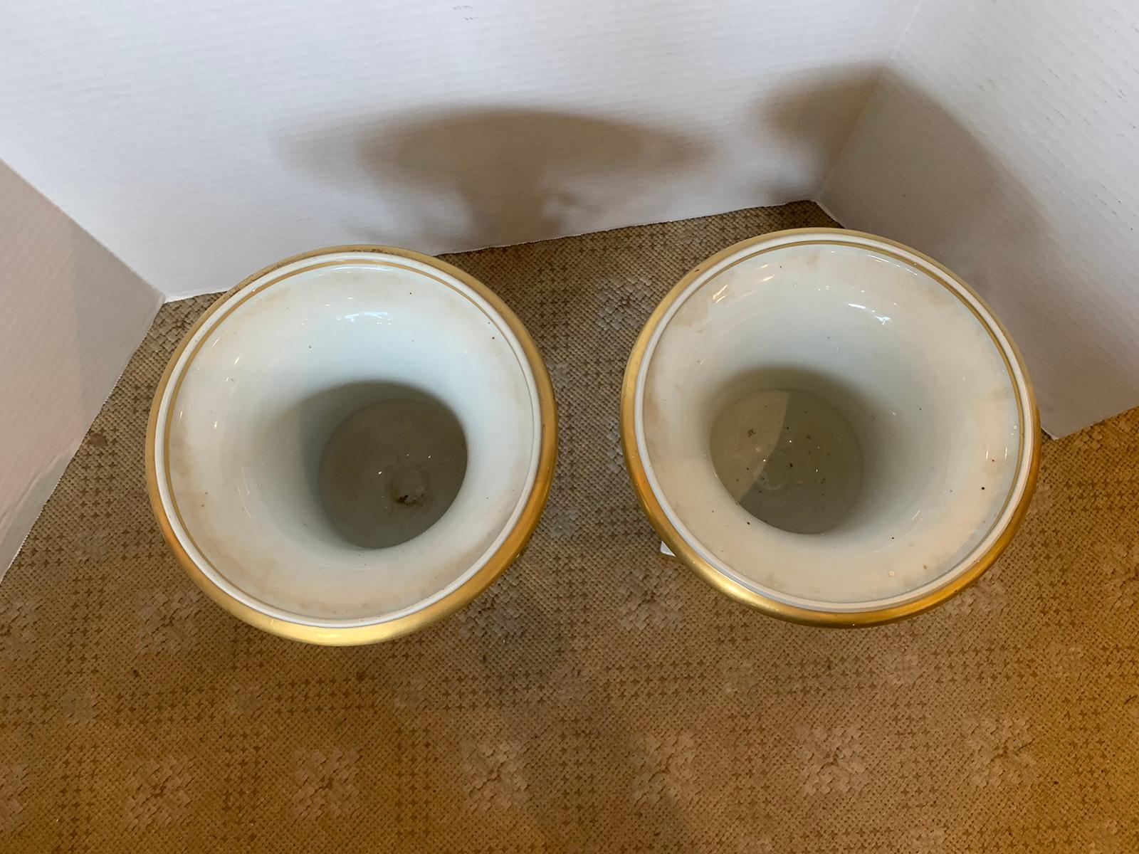 20th Century Pair of Vista Alegre Portuguese Blue & White Porcelain Urns, Gilt Details Marked