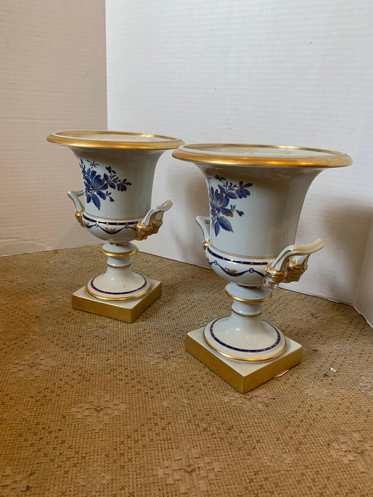 Pair of Vista Alegre Portuguese Blue & White Porcelain Urns, Gilt Details Marked 1