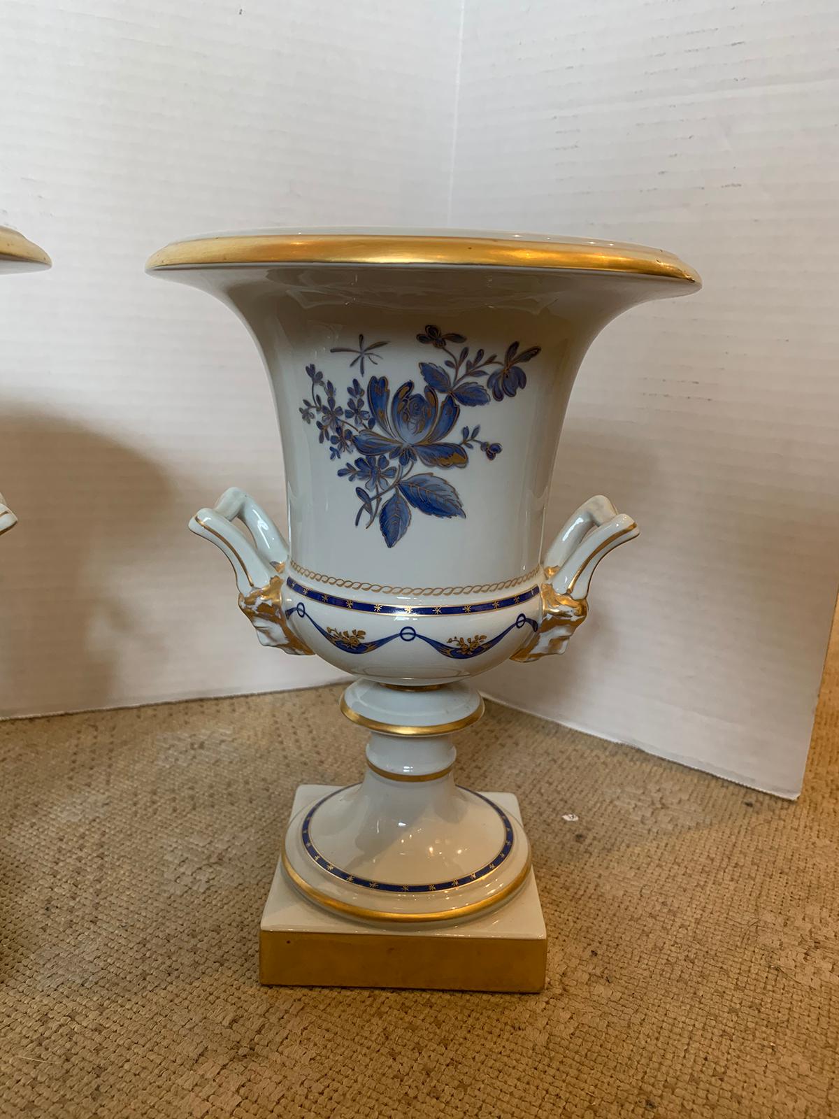Pair of Vista Alegre Portuguese Blue & White Porcelain Urns, Gilt Details Marked 2