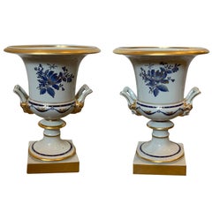 Antique Pair of Vista Alegre Portuguese Blue & White Porcelain Urns, Gilt Details Marked