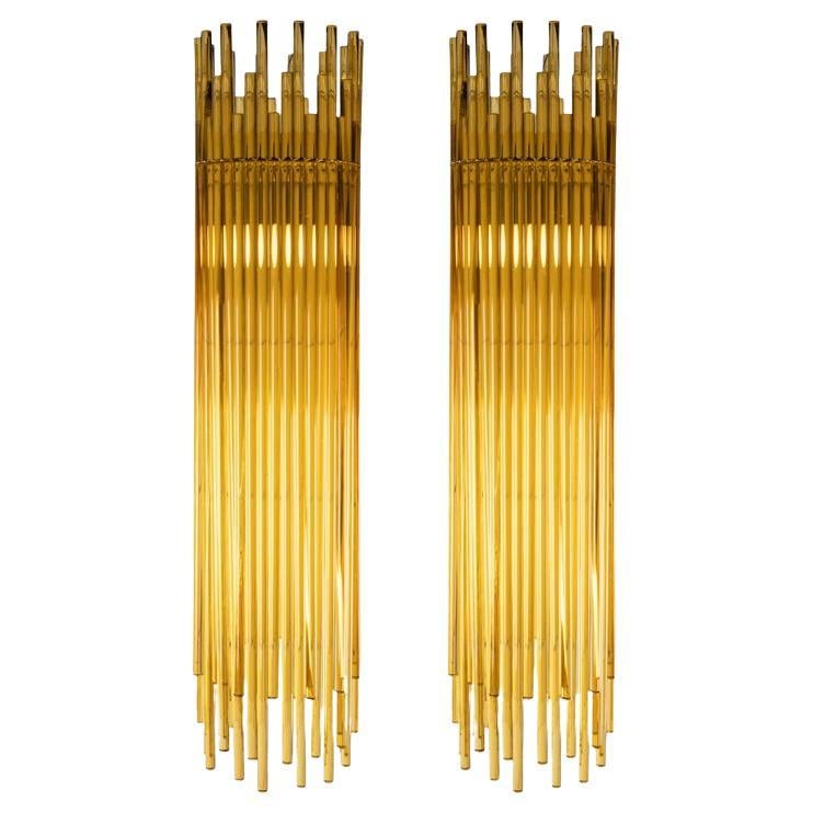 Pair of Vistosi Diadema gold crystal chandeliers 1990 For Sale