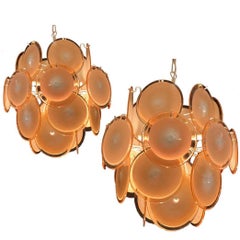 Pair of Vistosi Midcentury Amber Murano Glass Discs Italian Chandeliers, 1970s