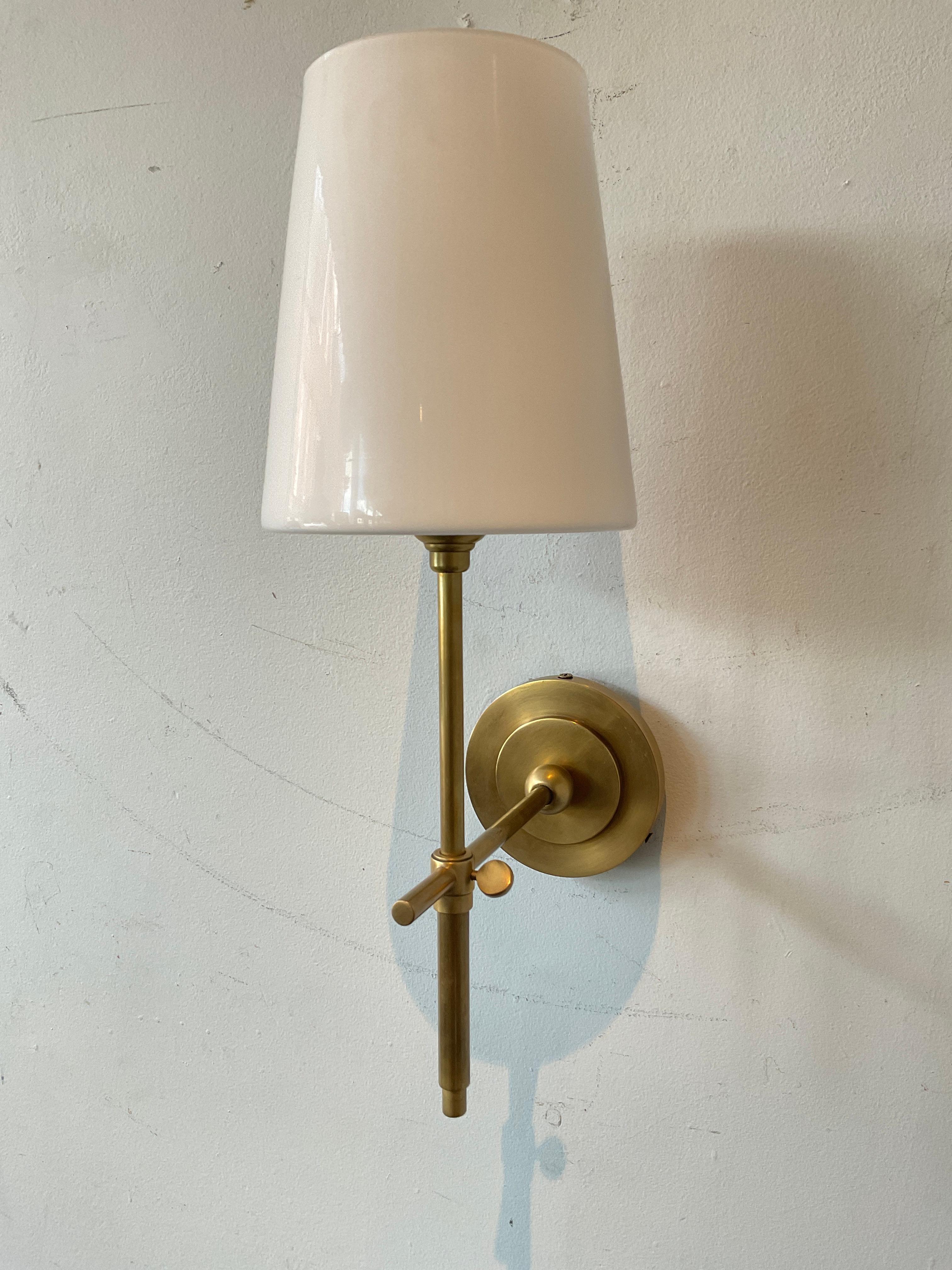 2020 Pair of Visual Comfort Thomas O’Brien brass sconces with glass shades.
Has original wiring, needs rewiring.