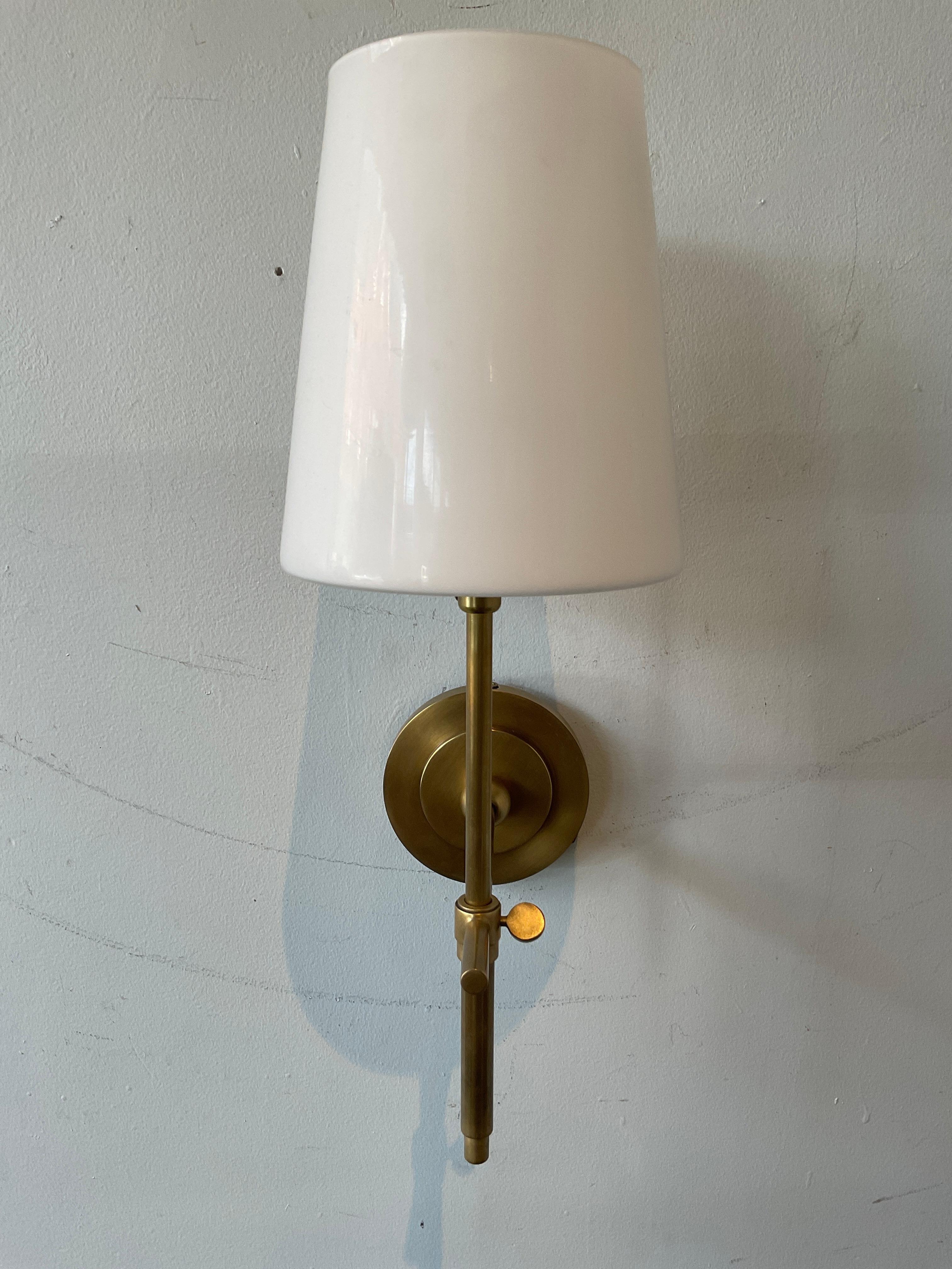 Pair Of Visual Comfort Thomas O’Brien Brass Sconces With Glass Shades In Good Condition For Sale In Tarrytown, NY