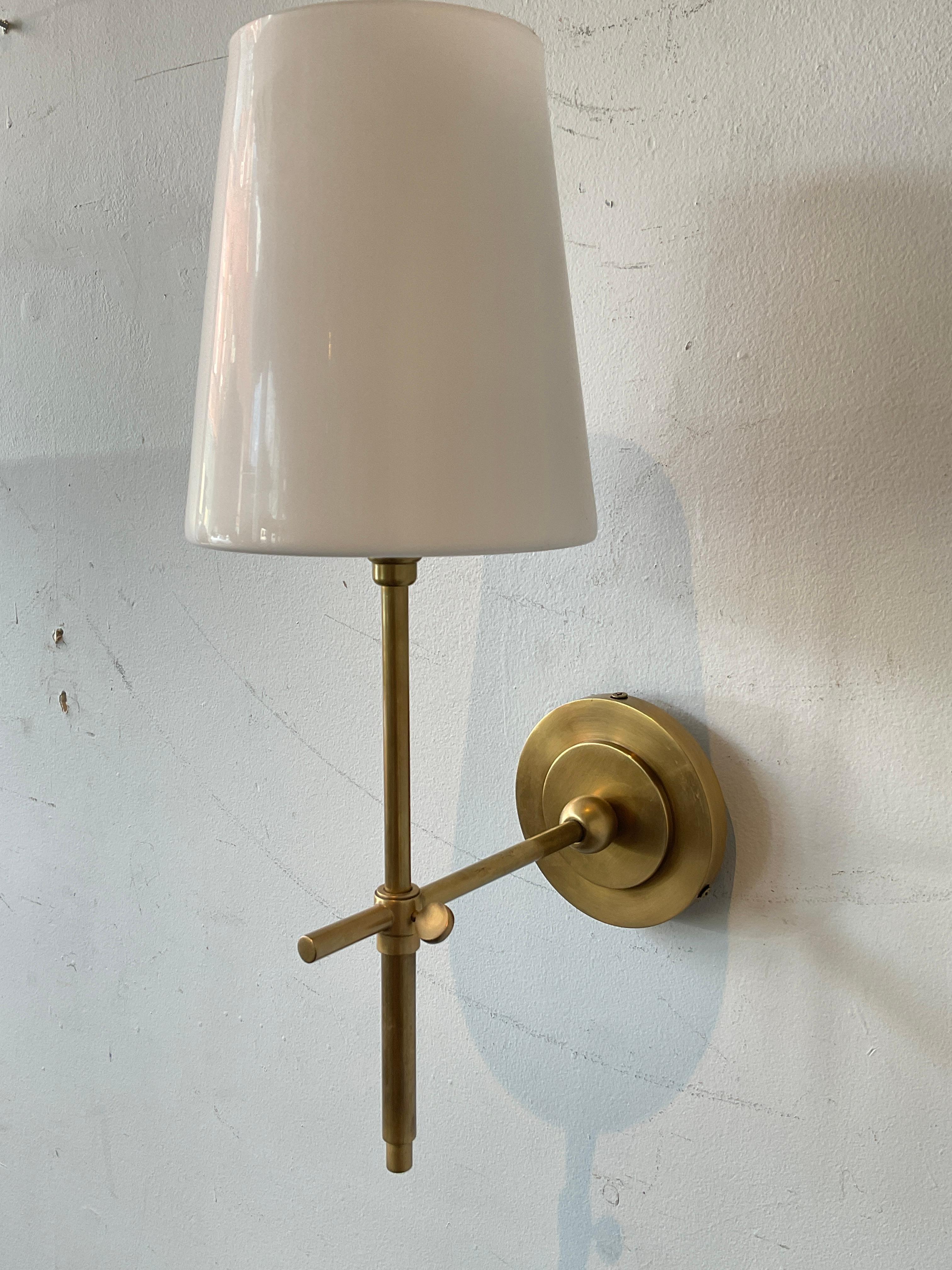 Contemporary Pair Of Visual Comfort Thomas O’Brien Brass Sconces With Glass Shades For Sale