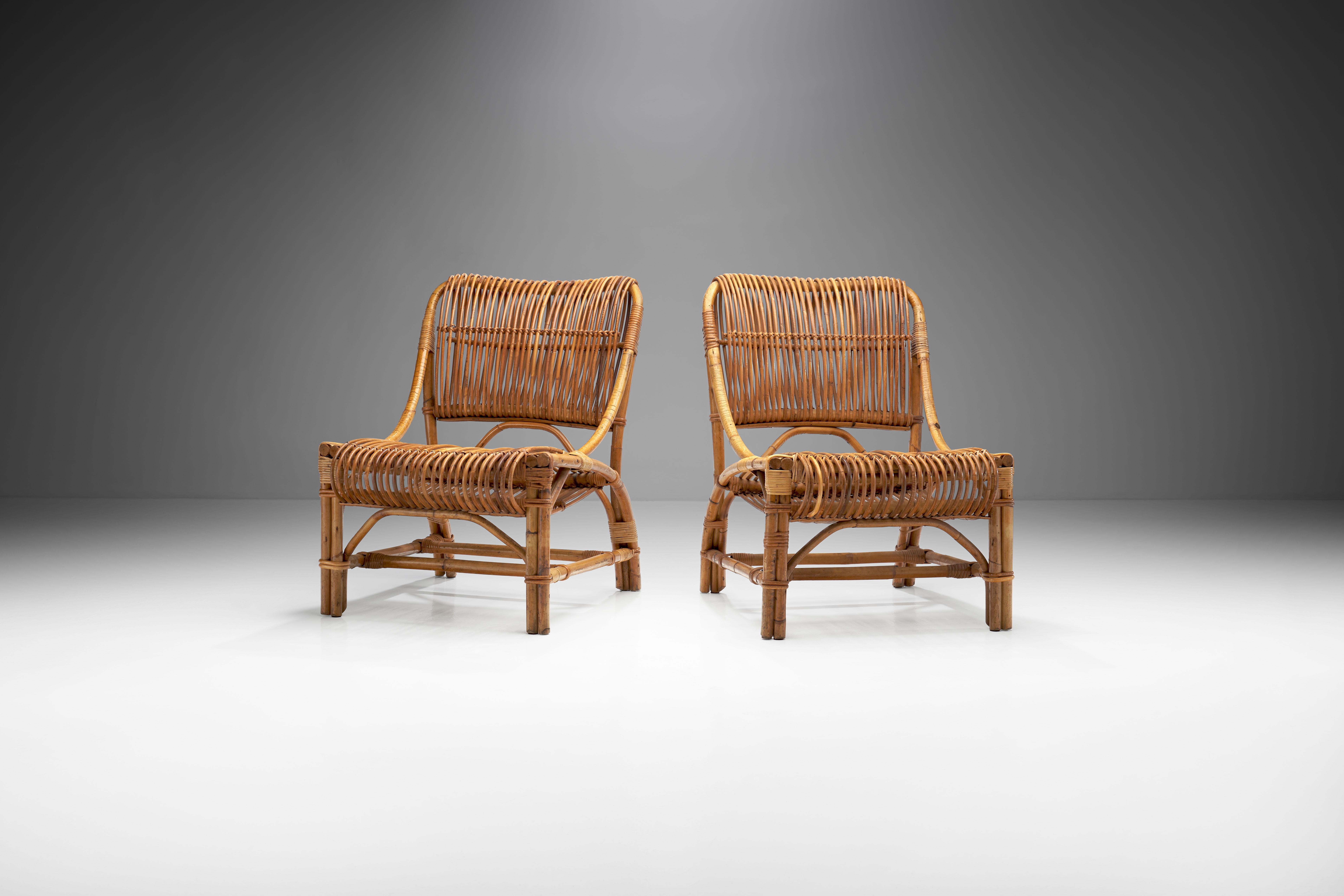 Mid-Century Modern Pair of Vittorio Bonacina Attributed Wicker Chairs, Italy, 1950s