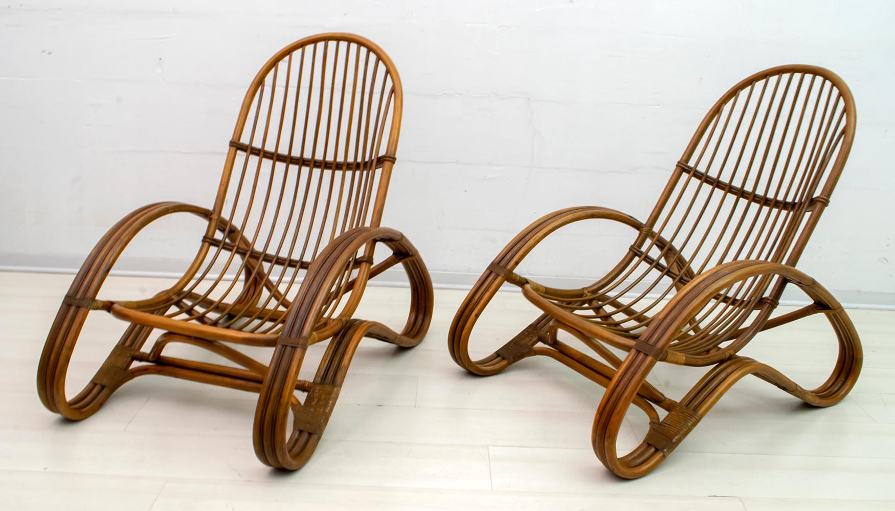 This pair of curved bamboo armchairs, production of the 1970s.