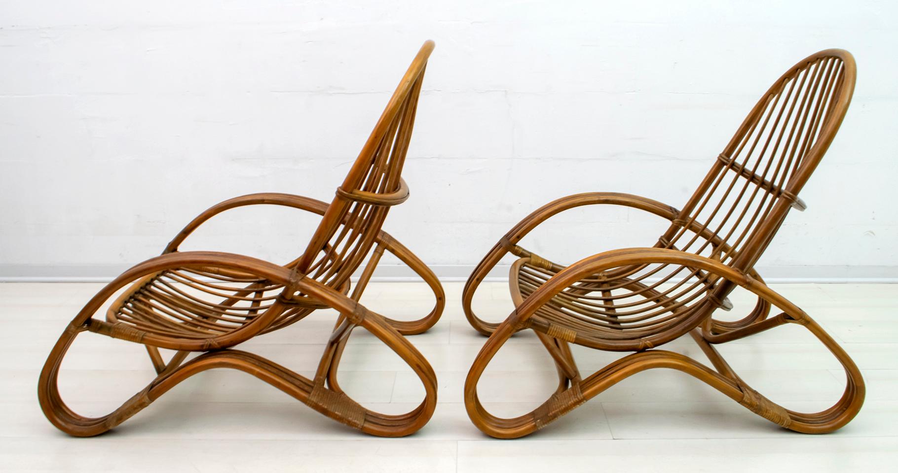 Pair of Mid-Century Modern Italian Bamboo Armchairs Bonaccina Style, 1970s In Good Condition For Sale In Puglia, Puglia