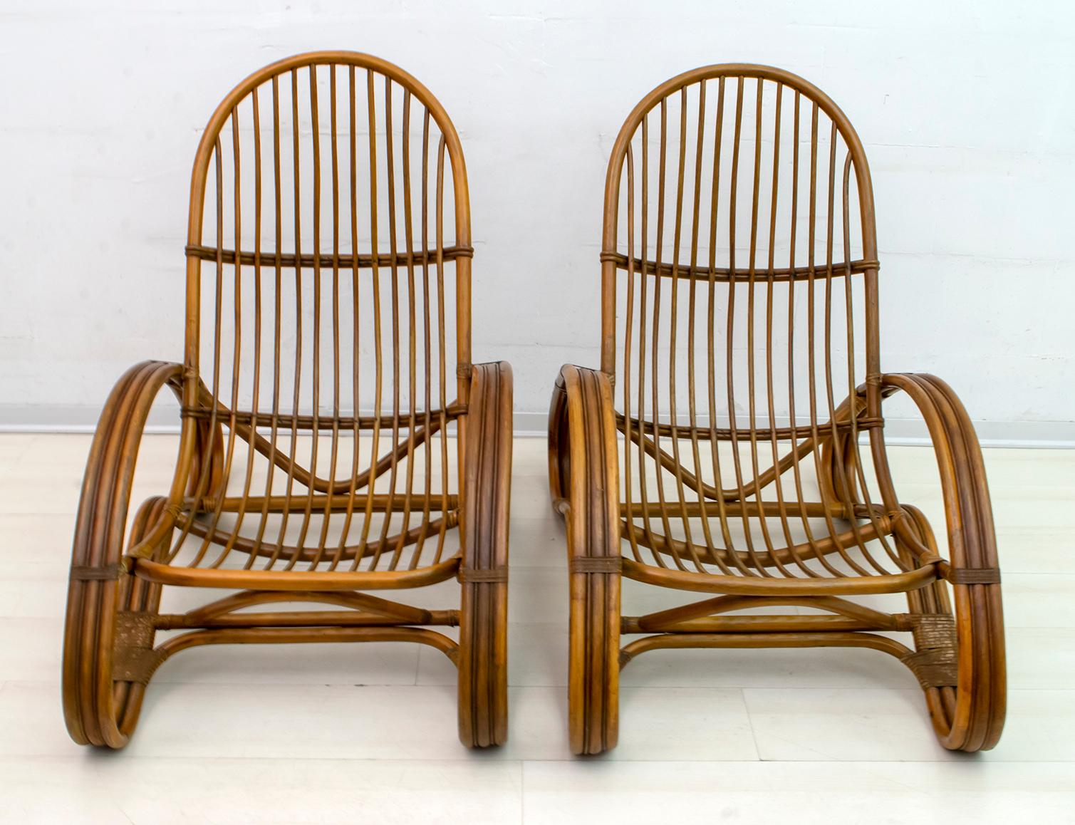 Late 20th Century Pair of Mid-Century Modern Italian Bamboo Armchairs Bonaccina Style, 1970s For Sale