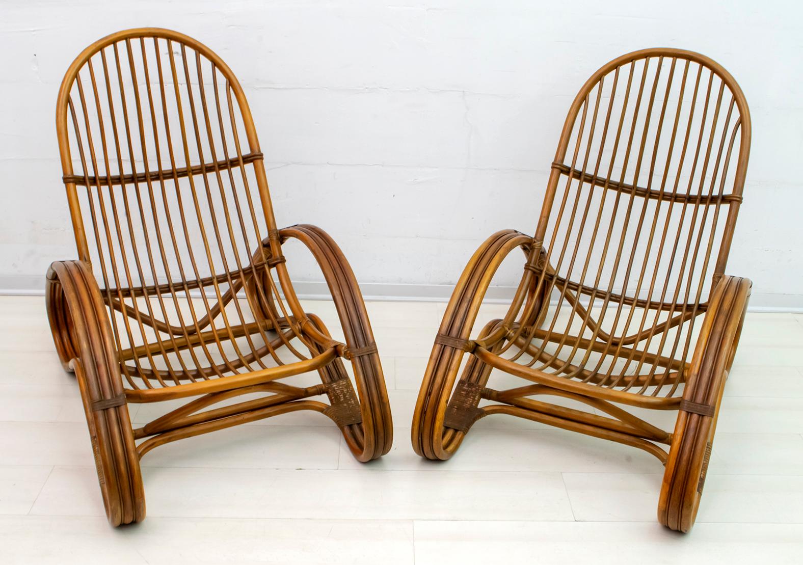 Pair of Mid-Century Modern Italian Bamboo Armchairs Bonaccina Style, 1970s For Sale 1
