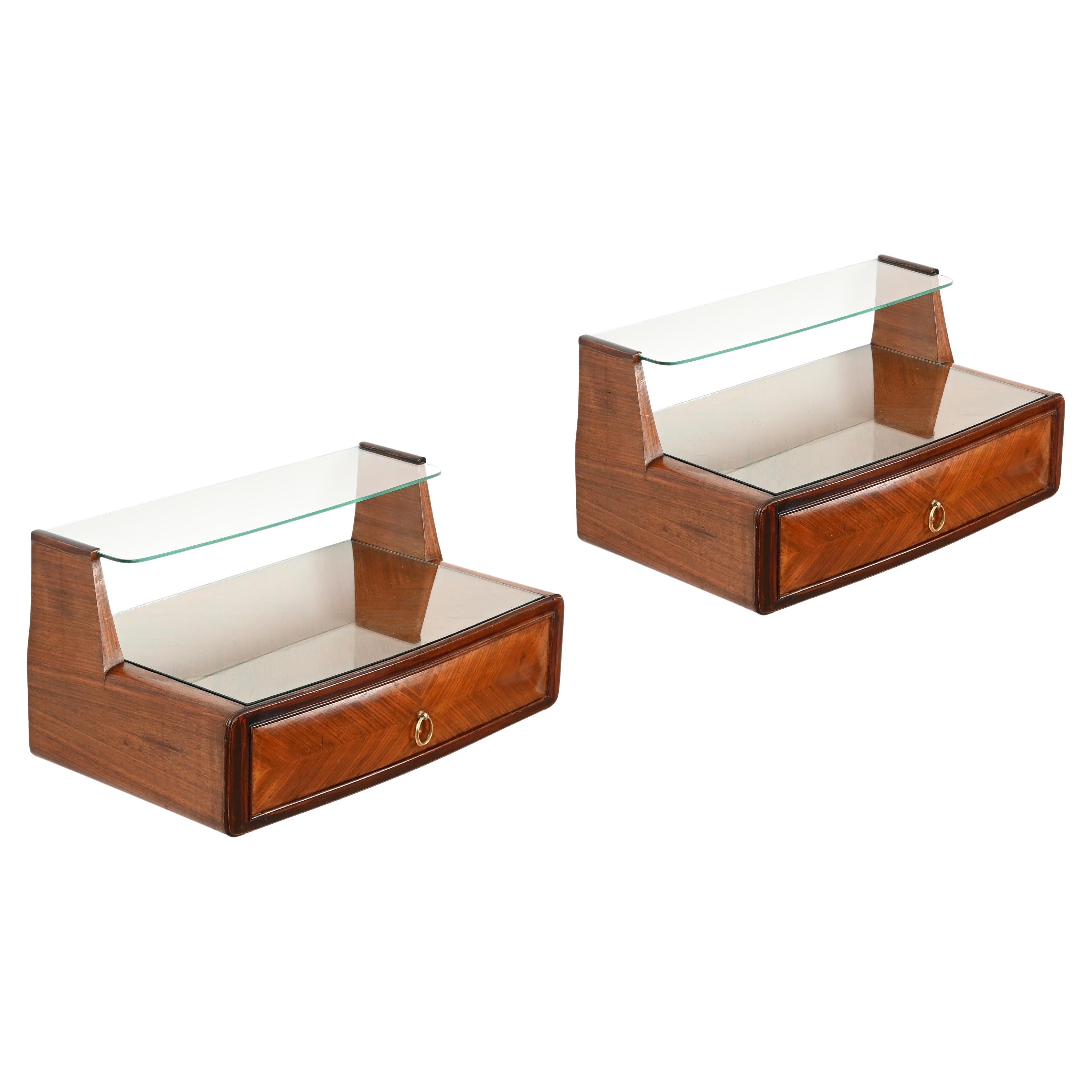 Pair of Vittorio Dassi Nightstands in Wood, Brass and Glass, Italy, 1950s