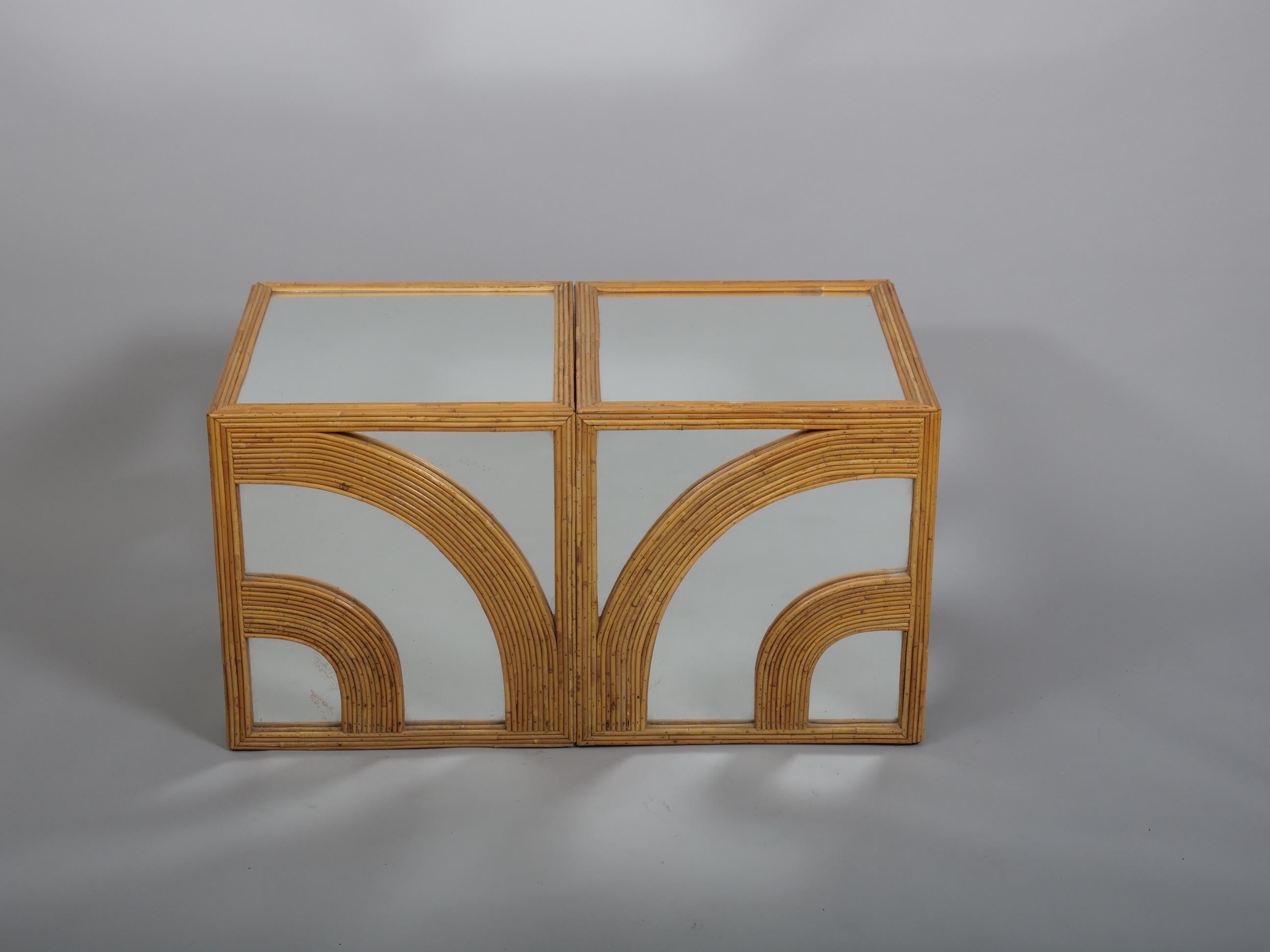 Italian Pair of Vivai del Sud cane and mirror cube tables c1970 For Sale