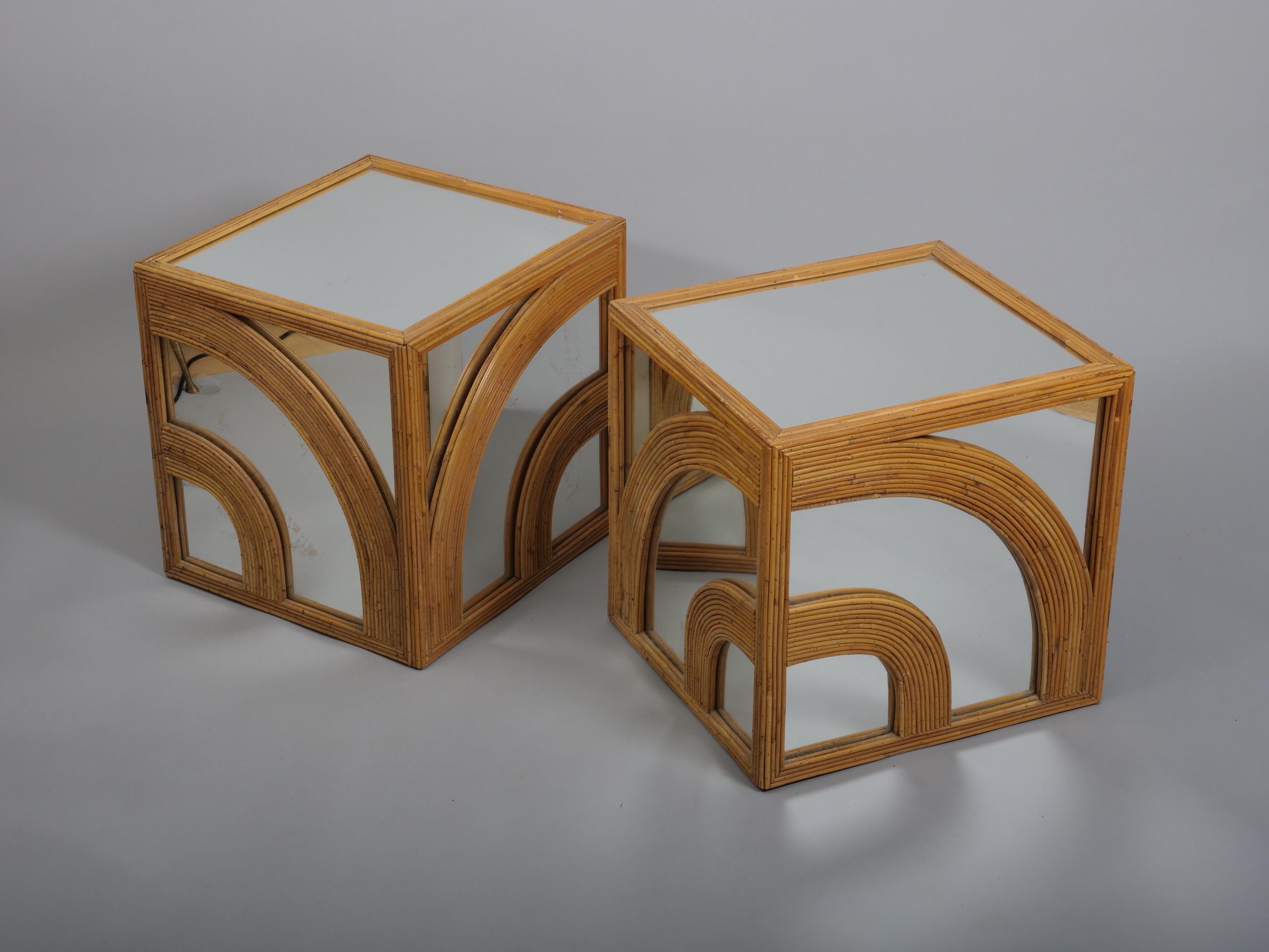 Late 20th Century Pair of Vivai del Sud cane and mirror cube tables c1970 For Sale