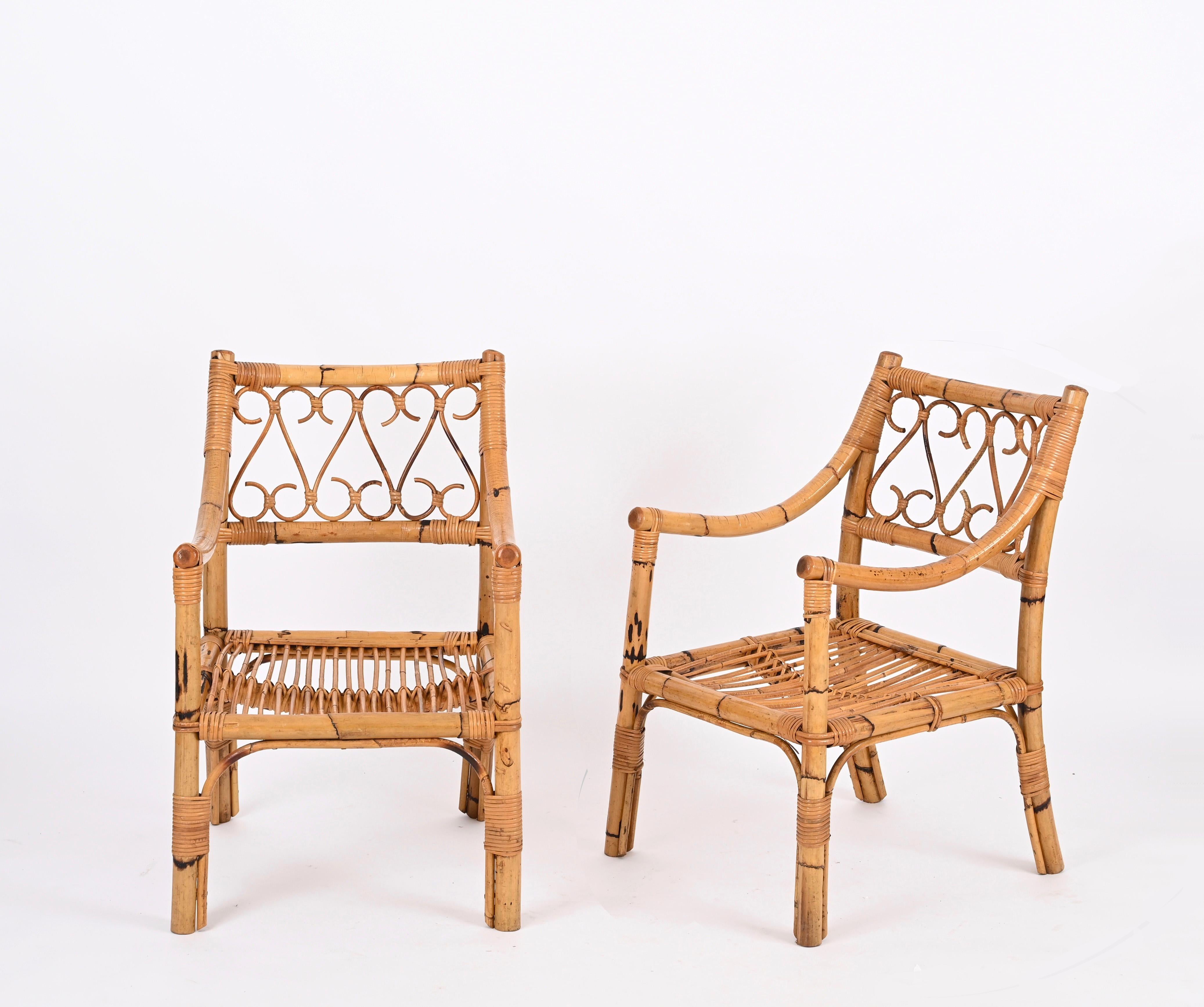 Mid-Century Modern Paire de fauteuils Vivai del Sud du milieu du siècle en bambou et rotin, Italie 1970 en vente