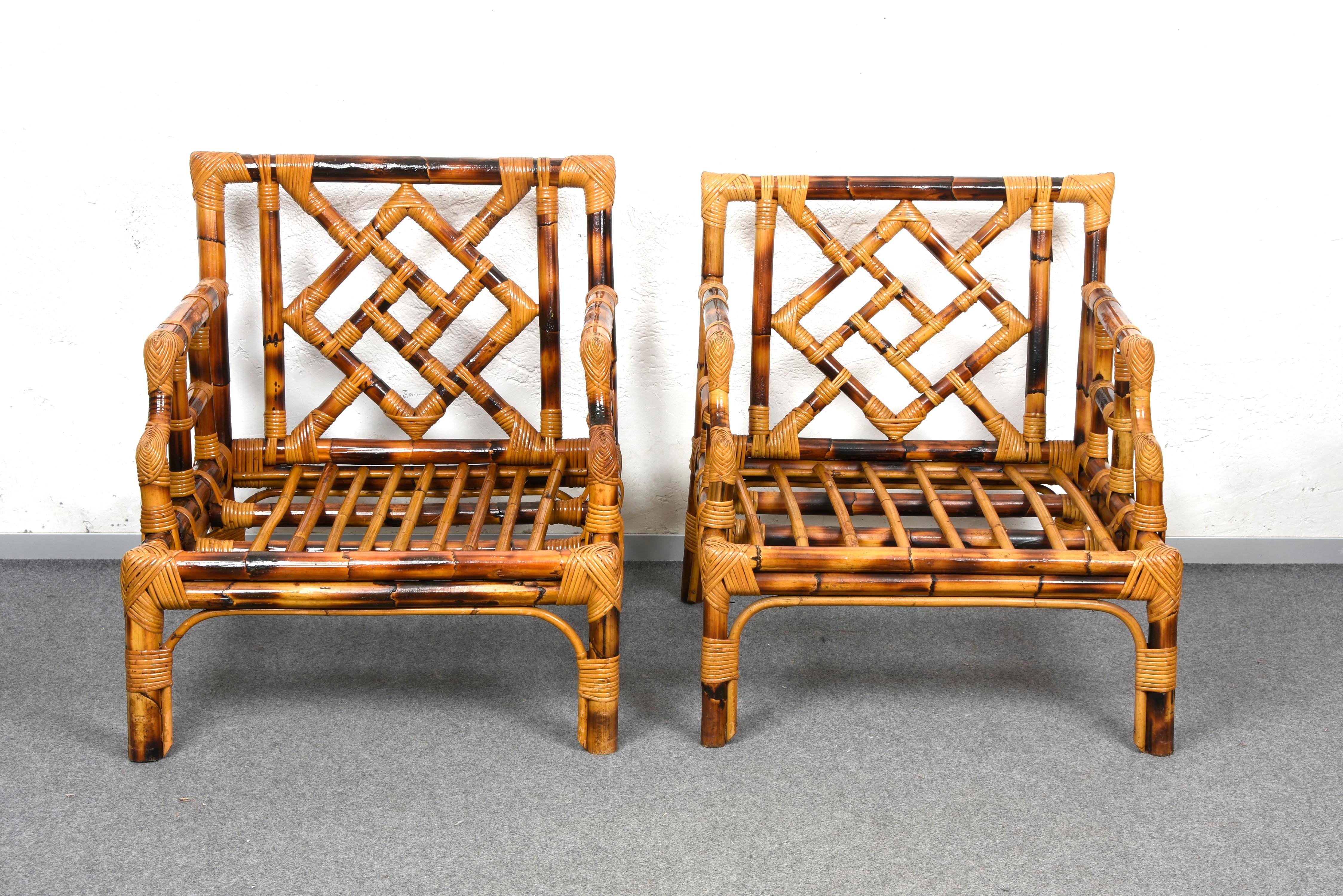 Pair of fantastic Mid-Century Modern bamboo armchairs. This incredible set was produced in Italy by Vivai del Sud during the 1970s.

The beauty of these armchairs is due to the Italian manufacture and handcrafted structure, clearly, they cannot be