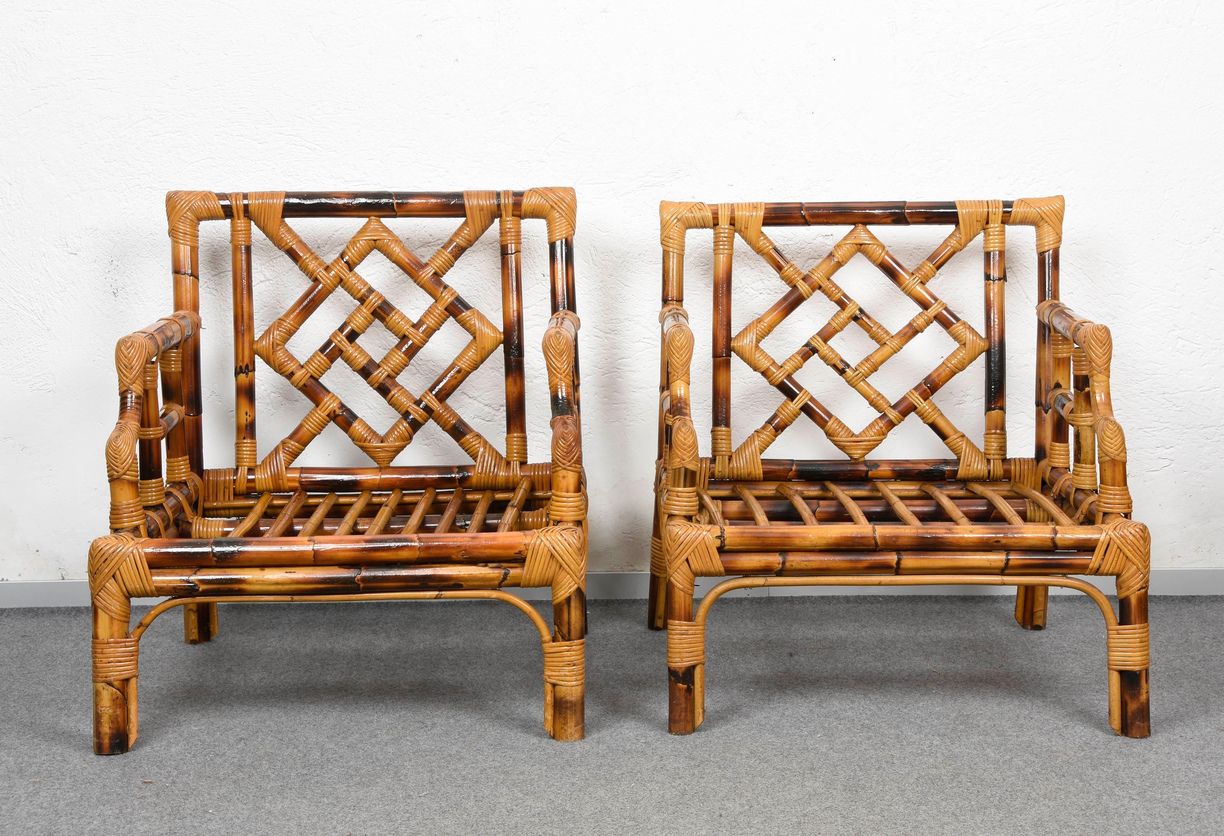 Fabric Pair of Vivai del Sud Mid-Century Modern Italian Bamboo Armchairs, 1970s