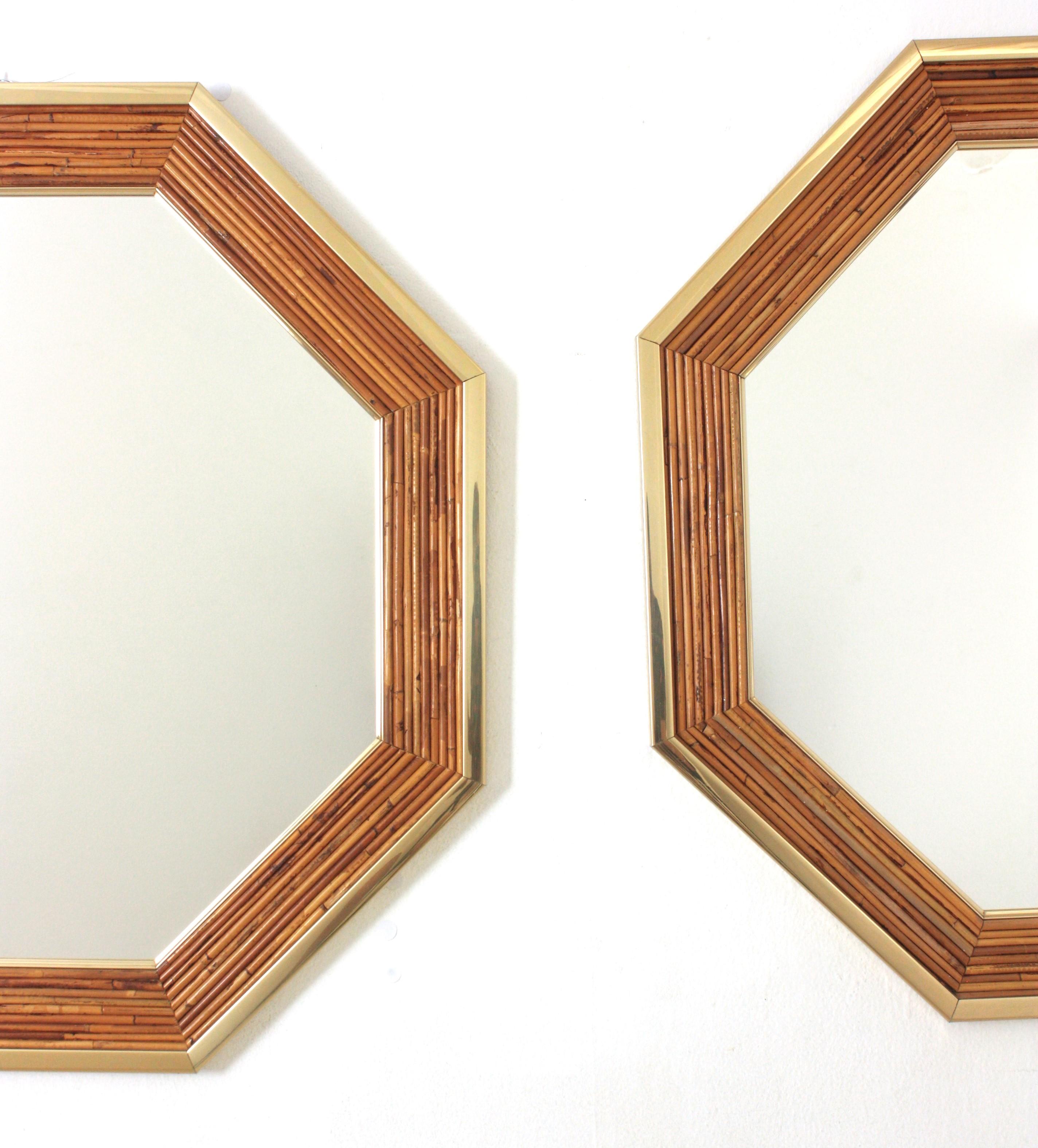 20ième siècle Paire de miroirs octogonaux Vivai Del Sud en rotin et roseau en vente