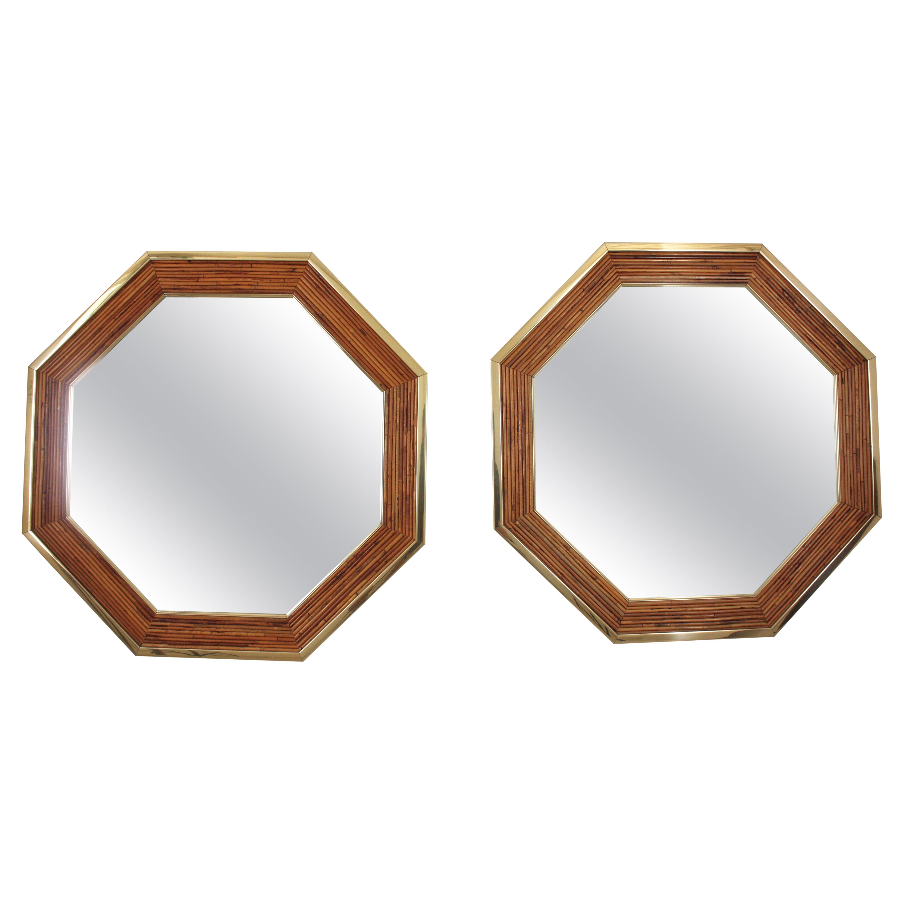 Pair of Vivai Del Sud Pencil Reed Rattan Octagonal Mirrors with Brass Detail