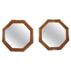 Pair of Vivai Del Sud Pencil Reed Rattan Octagonal Mirrors with Brass Detail