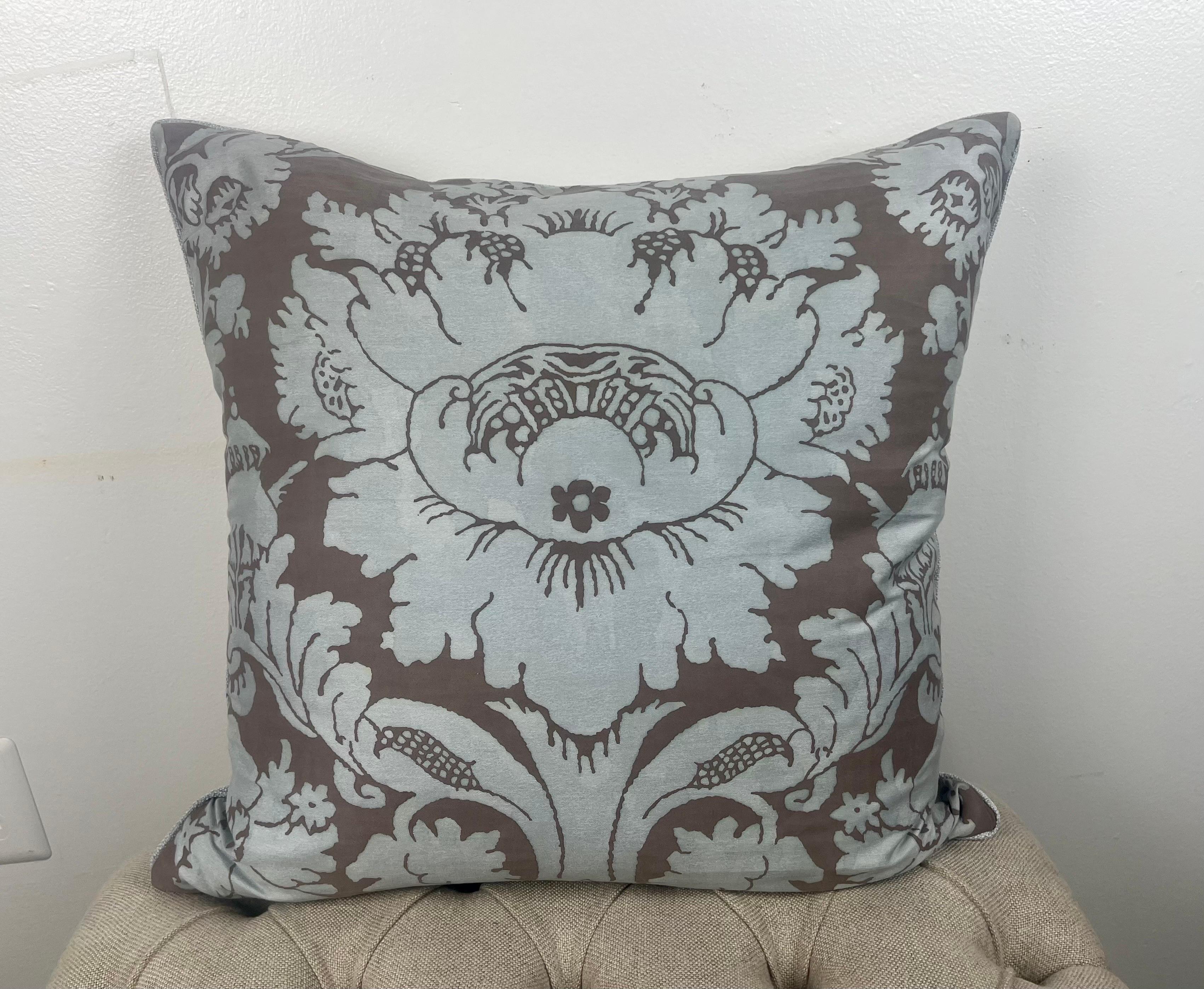 Pair of custom Vivaldi patterned Fortuny pillows with a center Damask design.  The soft blue and gray are beautiful together.  Down inserts and zipper closure.