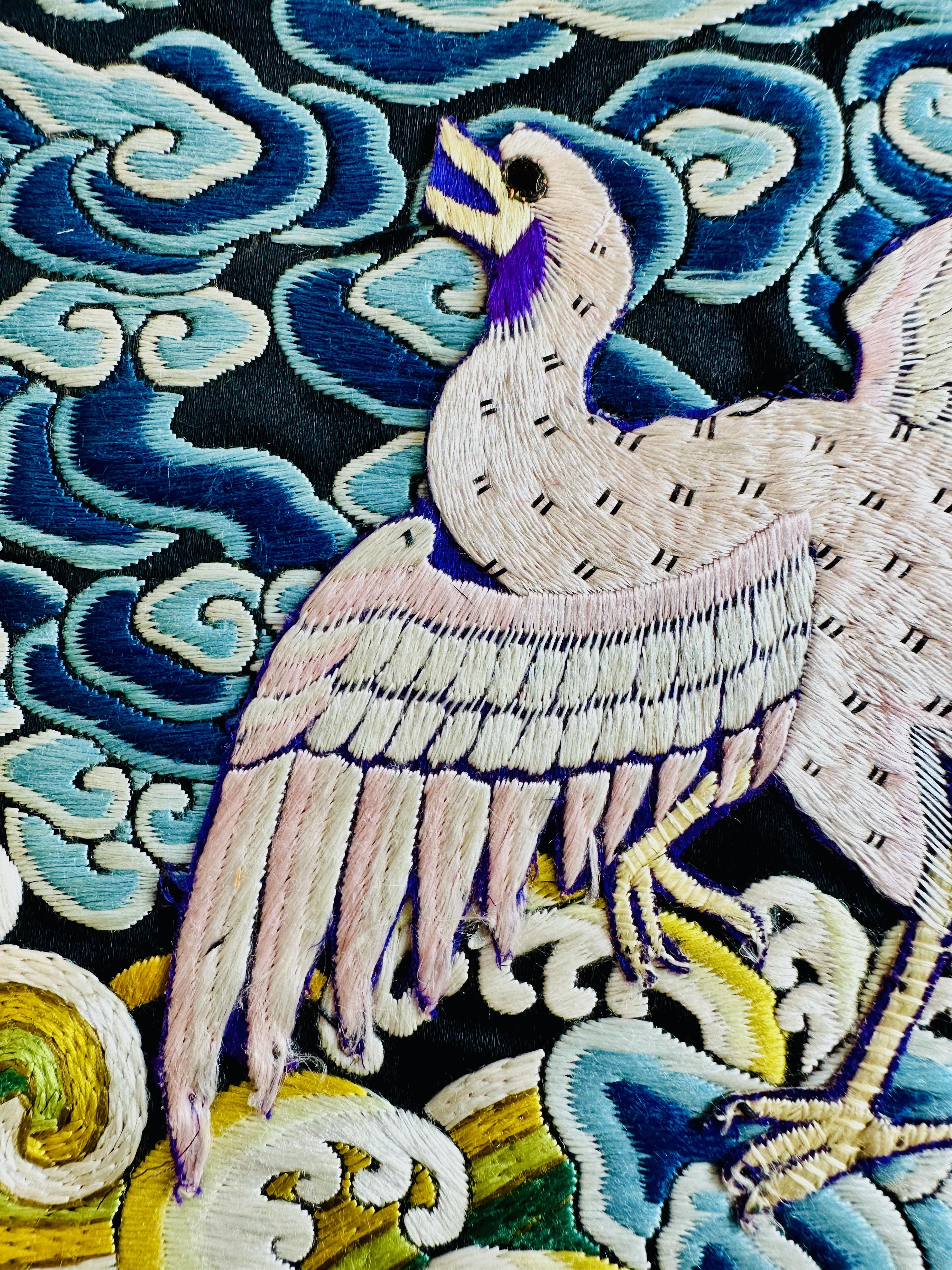 Silk Pair of 19th Century Civil Rank Badges with Egrets (Sixth Rank) For Sale