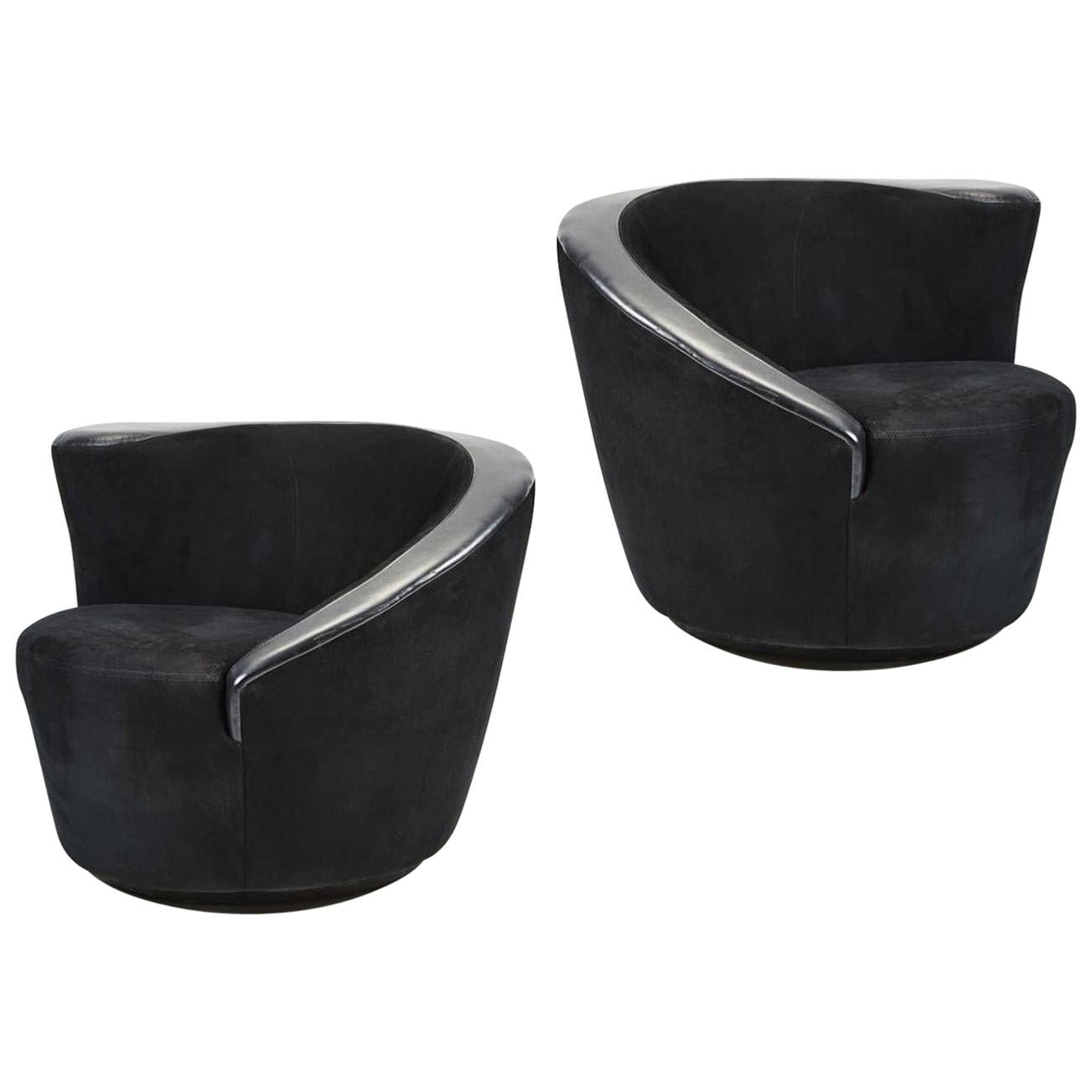 Pair of Vladimir Kagan Black on Black Upholstered Nautilus Swivel Chairs