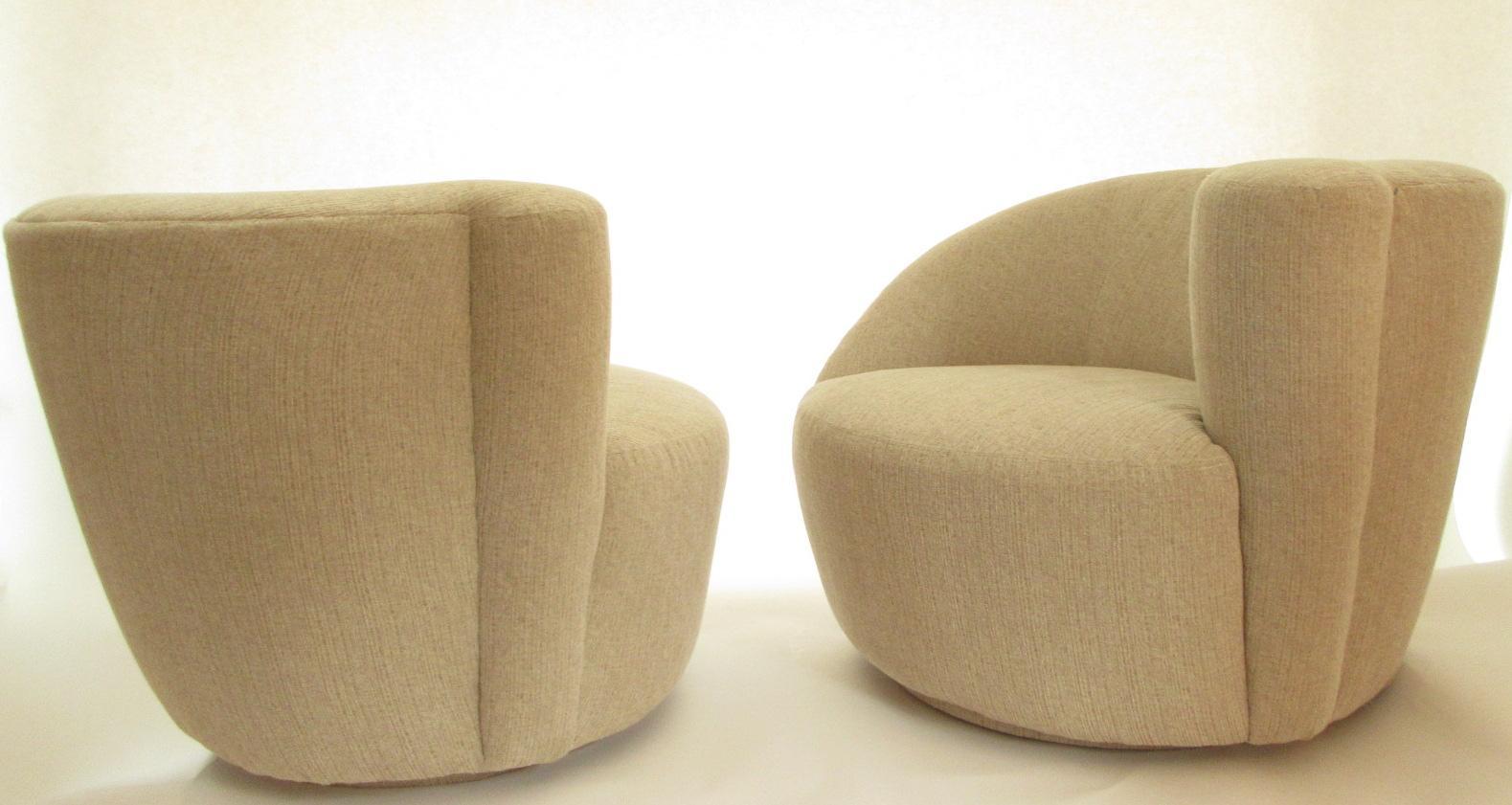 Vladimir Kagan corkscrew nautilus swivel lounge chairs
Newly re-upholstered.