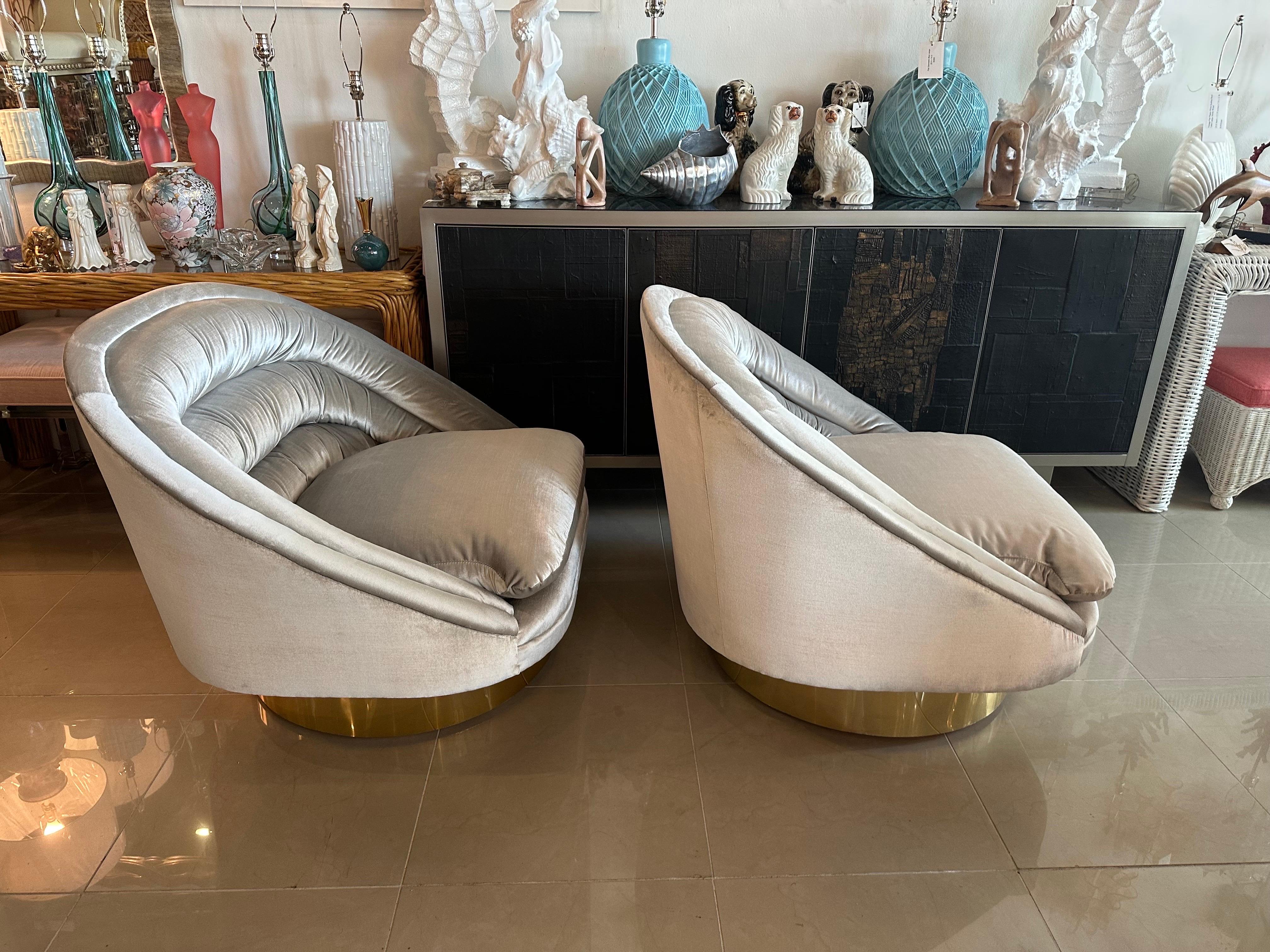 Pair of Crescent Swivel Chairs Brass Base Upholstered Velvet 4