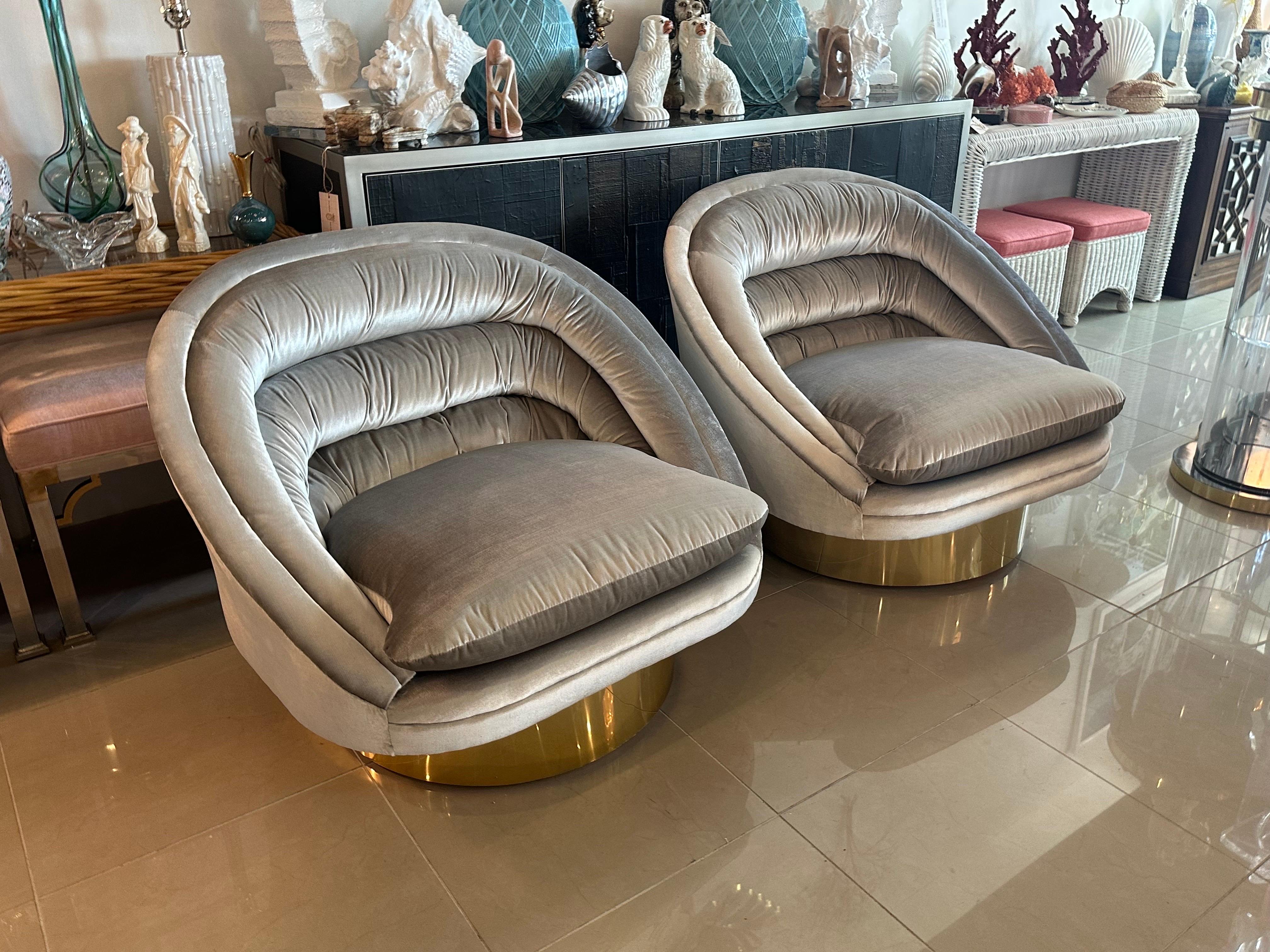 Pair of Crescent Swivel Chairs Brass Base Upholstered Velvet 6