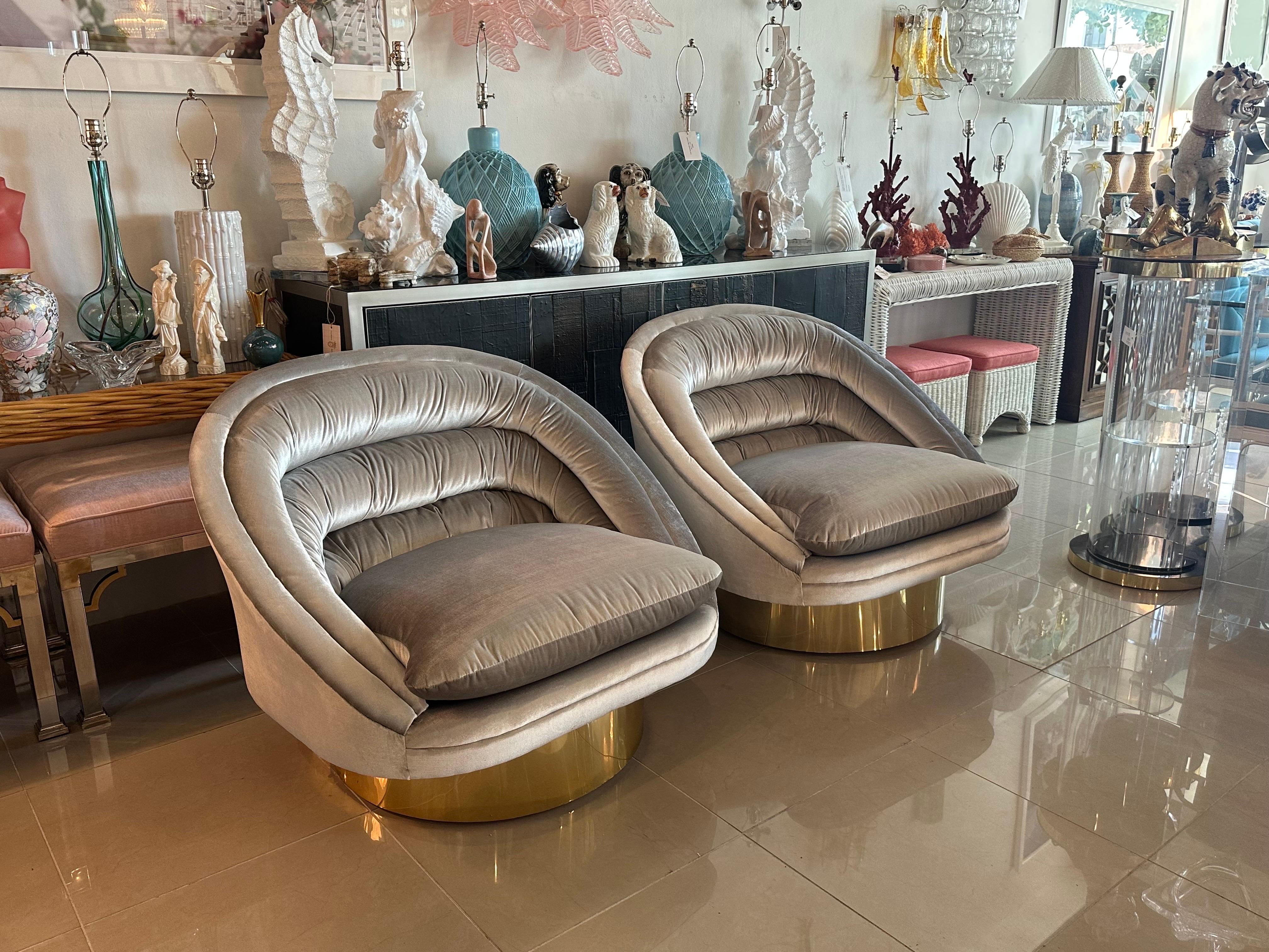 Pair of Crescent Swivel Chairs Brass Base Upholstered Velvet 7
