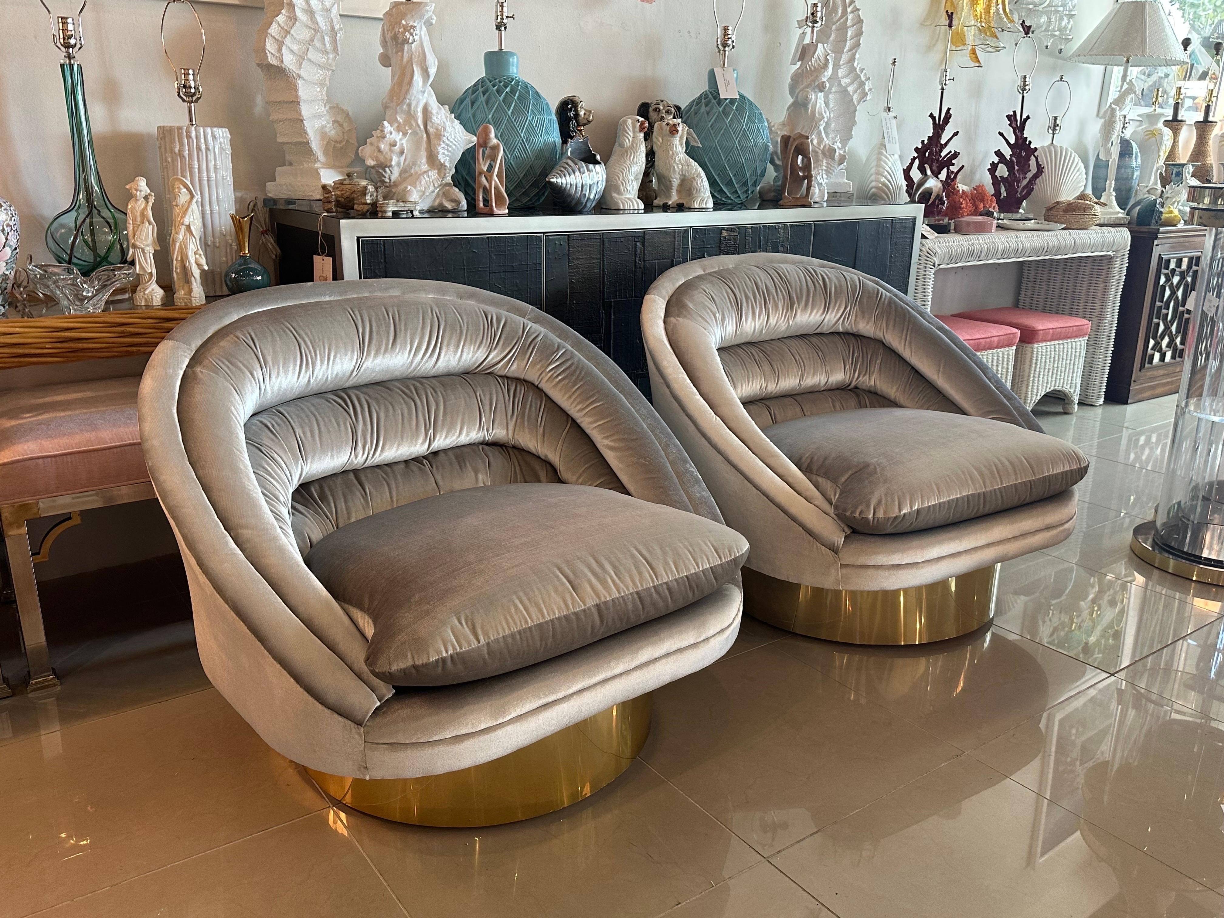 Pair of Crescent Swivel Chairs Brass Base Upholstered Velvet 8