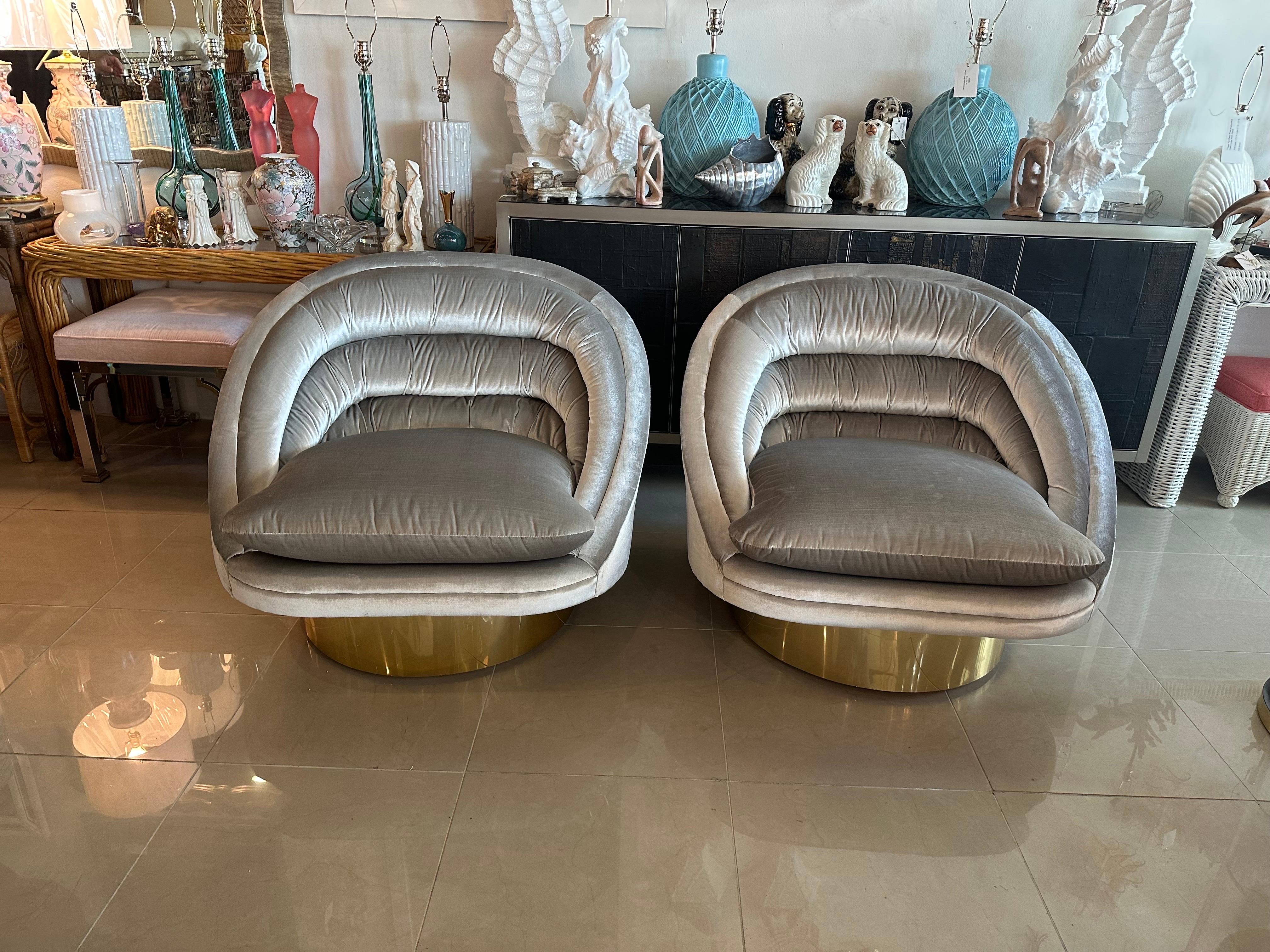 Pair of Crescent Swivel Chairs Brass Base Upholstered Velvet 9