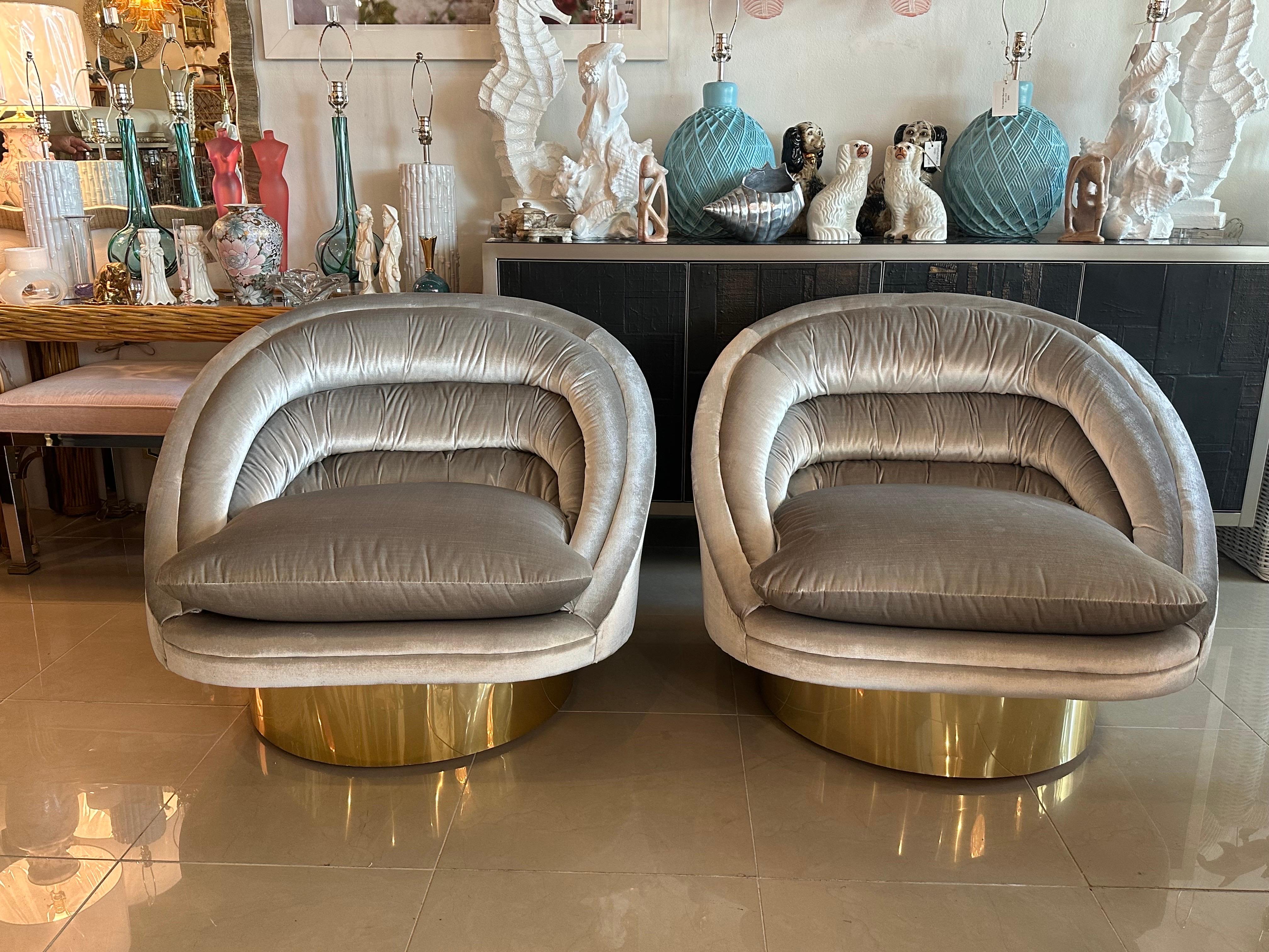 Pair of Crescent Swivel Chairs Brass Base Upholstered Velvet 11