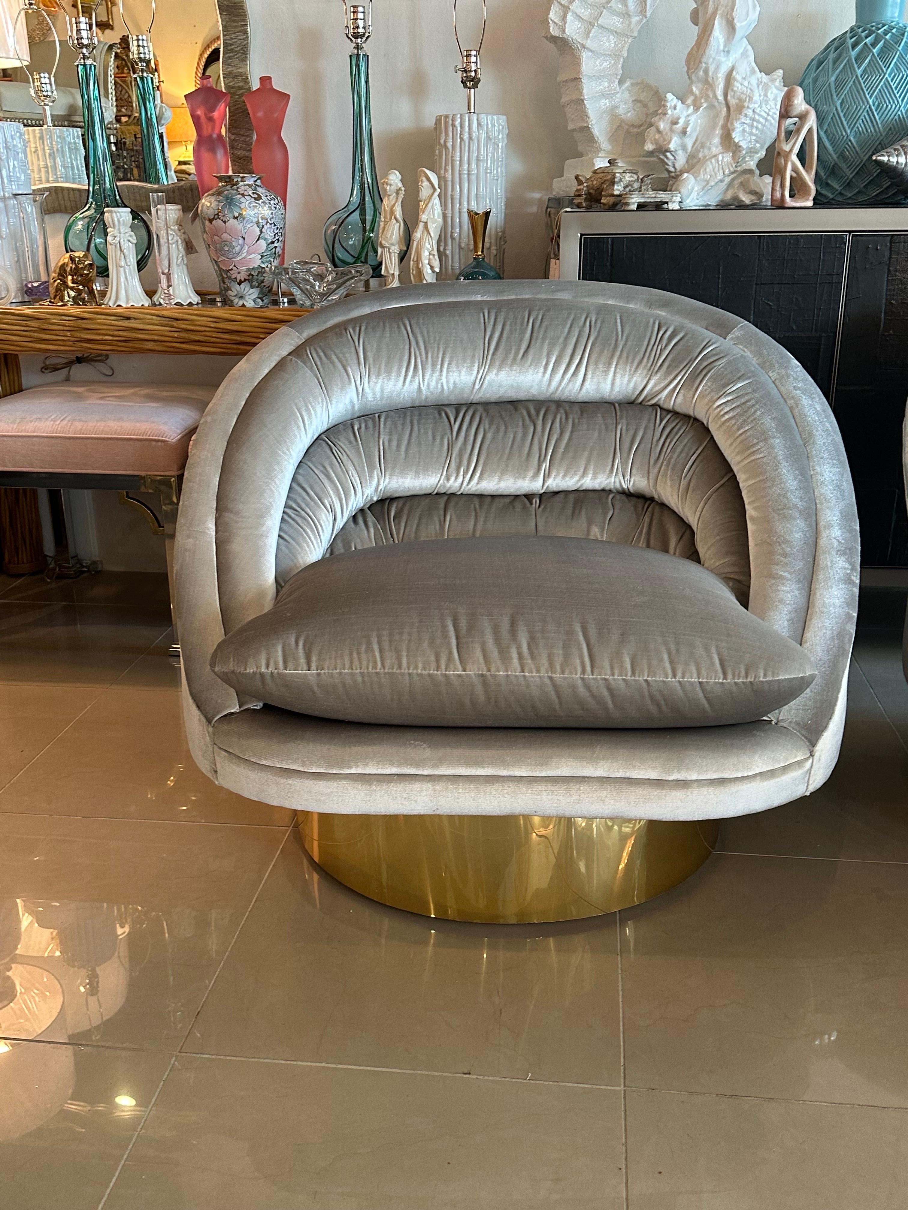 Pair of Crescent Swivel Chairs Brass Base Upholstered Velvet 12