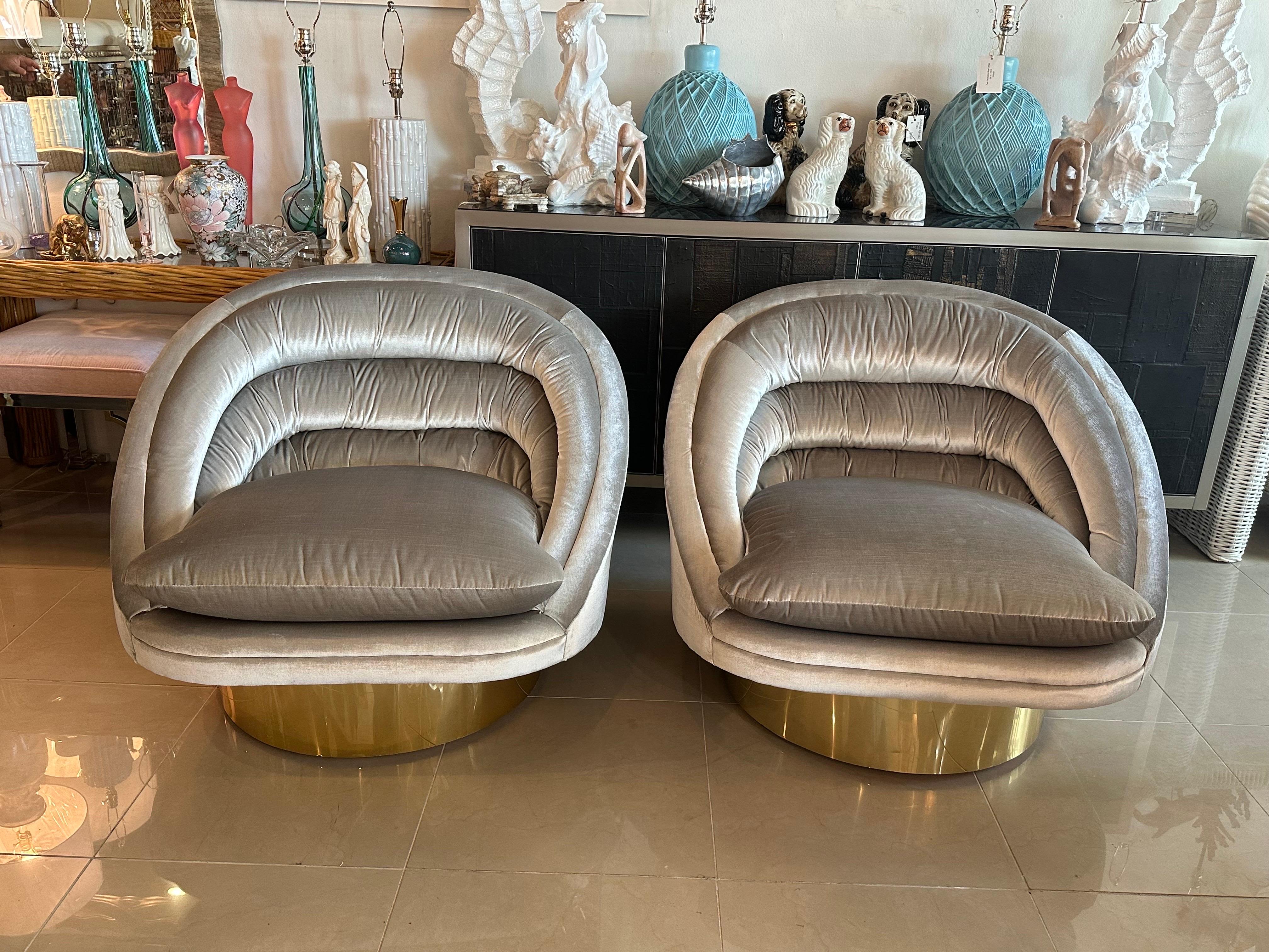 Pair of Crescent Swivel Chairs Brass Base Upholstered Velvet 13