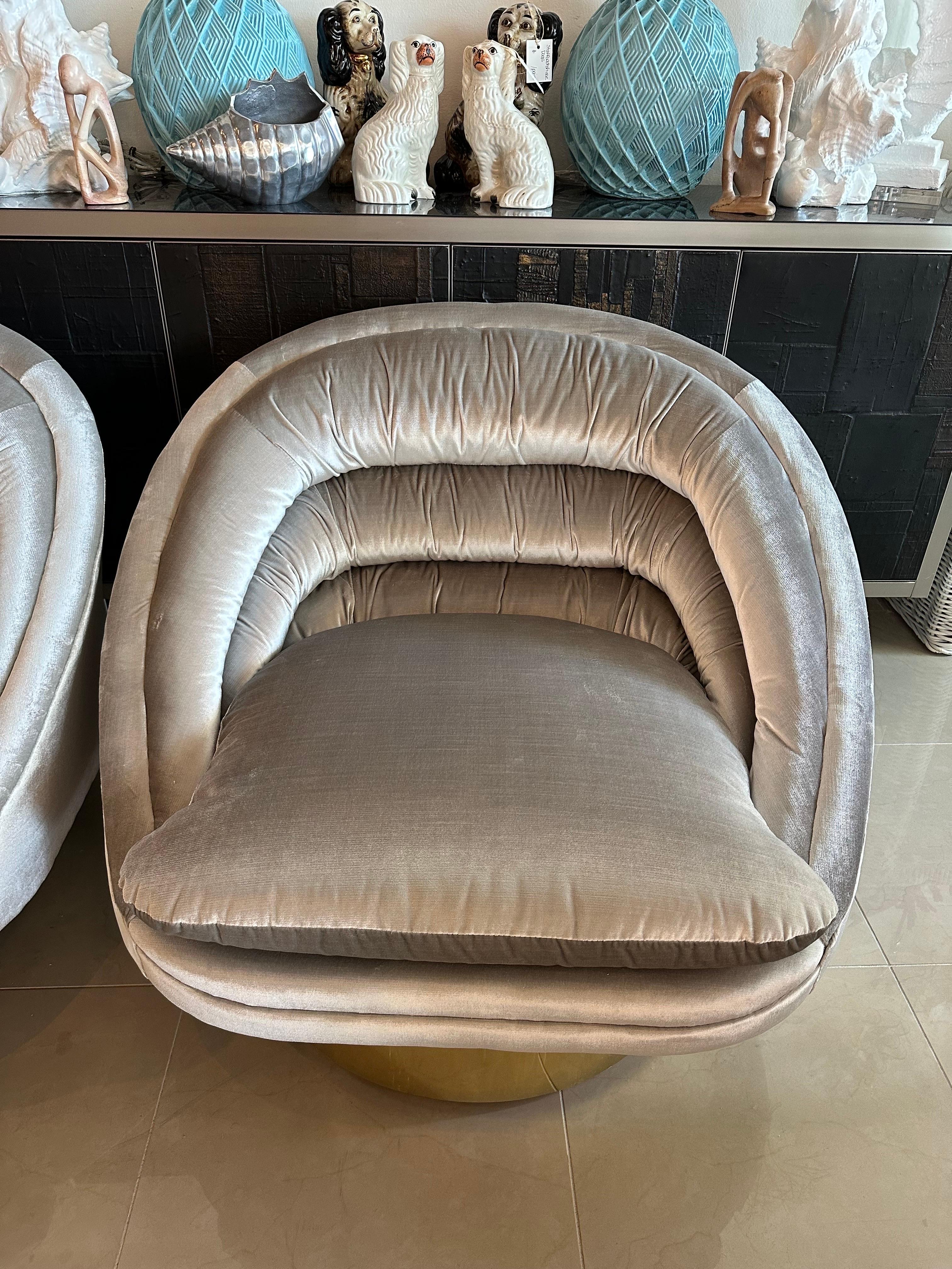 Modern Pair of Crescent Swivel Chairs Brass Base Upholstered Velvet