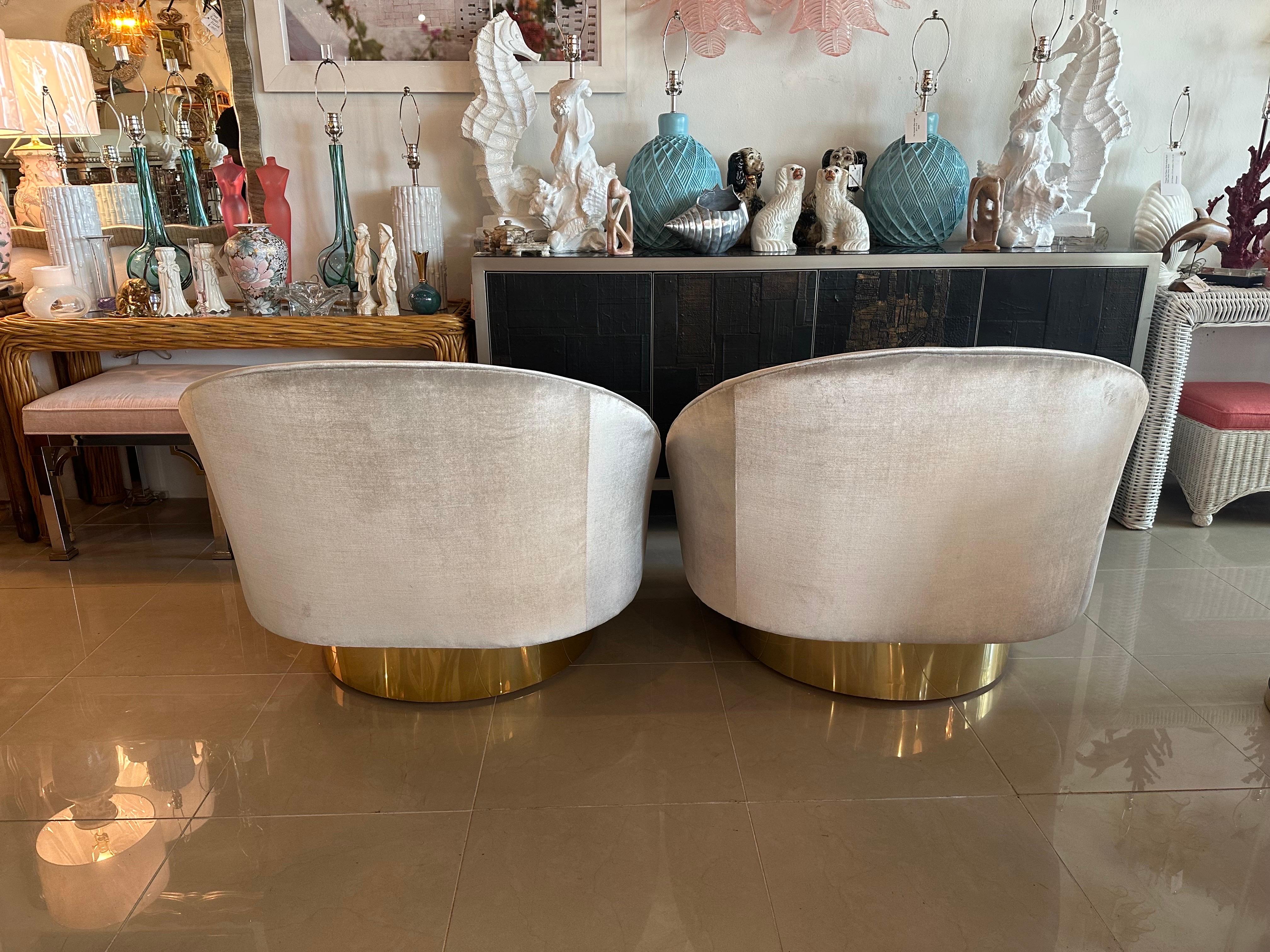 Late 20th Century Pair of Crescent Swivel Chairs Brass Base Upholstered Velvet